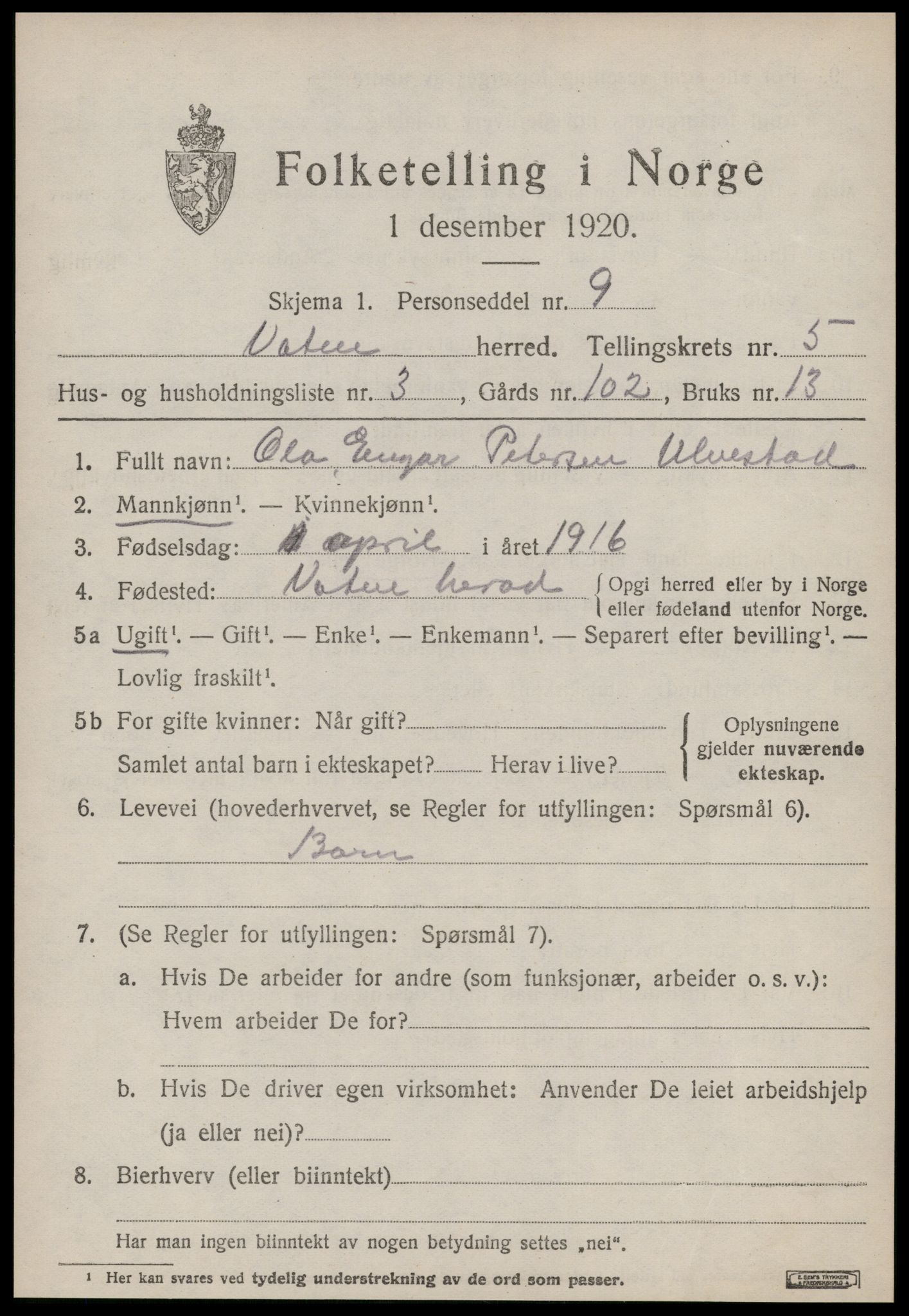 SAT, 1920 census for Vatne, 1920, p. 2182