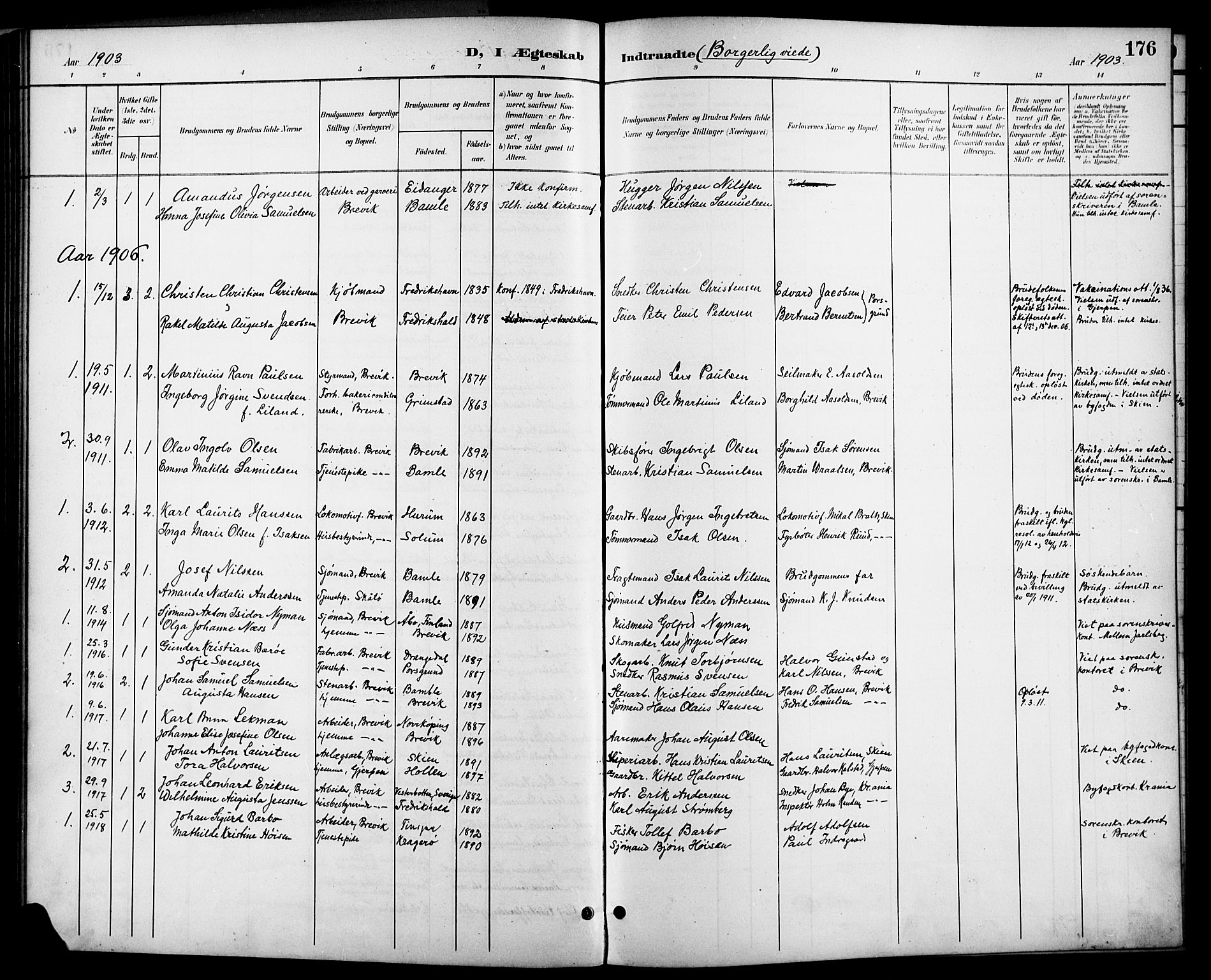 Brevik kirkebøker, SAKO/A-255/G/Ga/L0005: Parish register (copy) no. 5, 1901-1924, p. 176