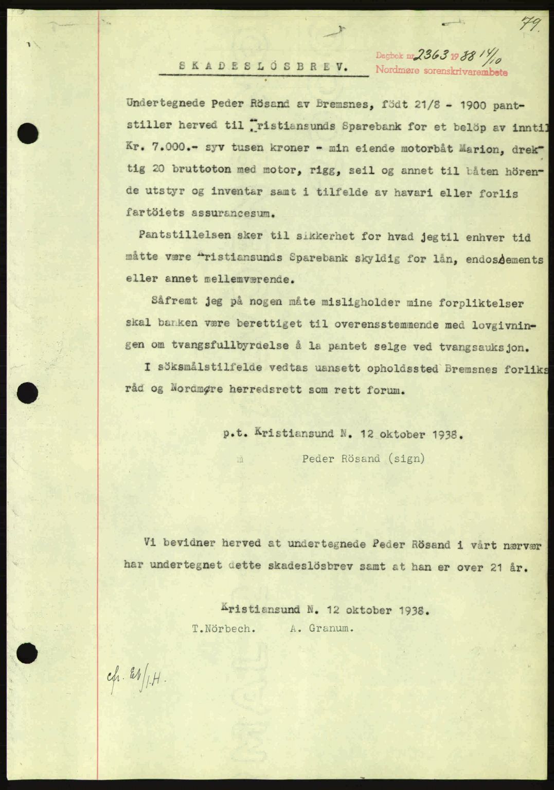Nordmøre sorenskriveri, SAT/A-4132/1/2/2Ca: Mortgage book no. B84, 1938-1939, Diary no: : 2363/1938