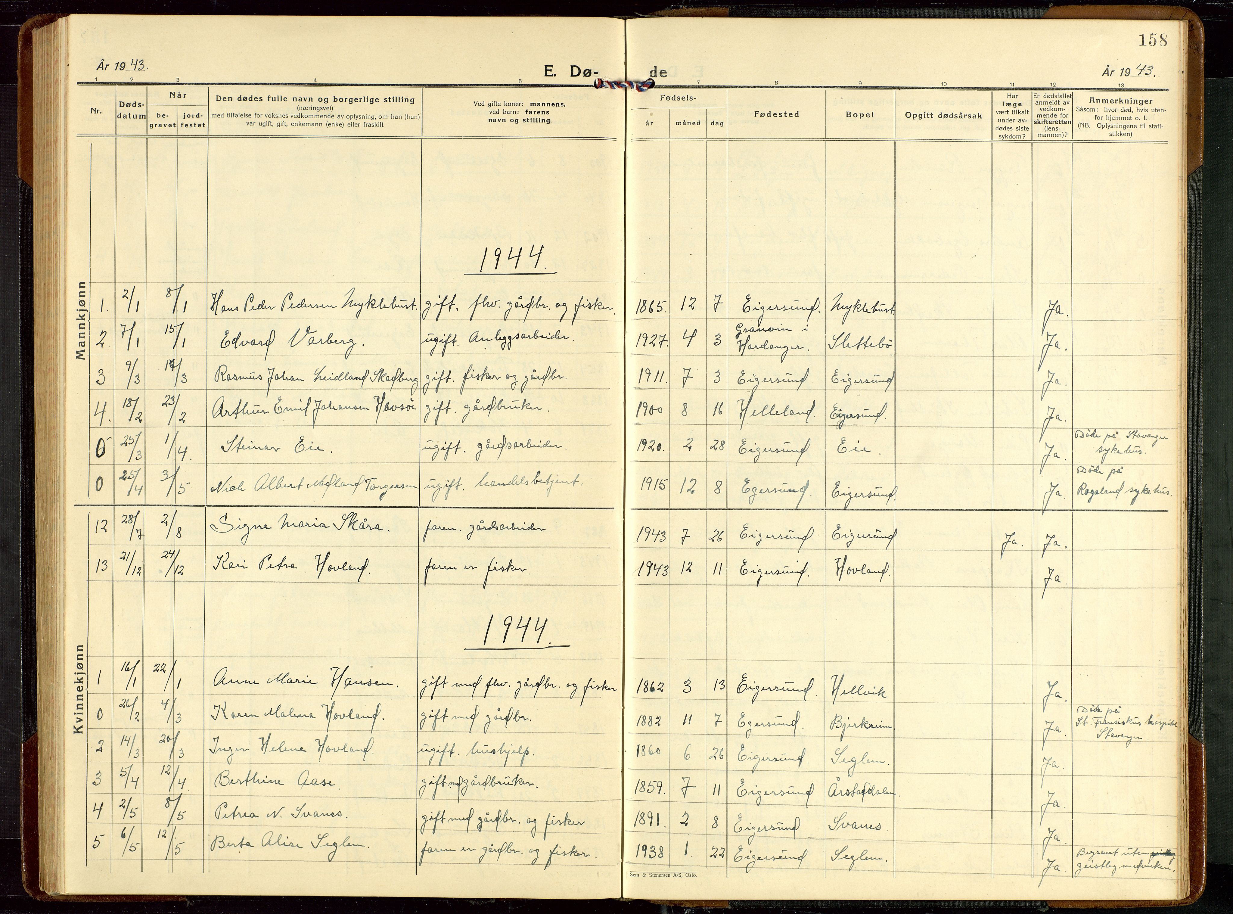 Eigersund sokneprestkontor, AV/SAST-A-101807/S09/L0013: Parish register (copy) no. B 13, 1931-1949, p. 158