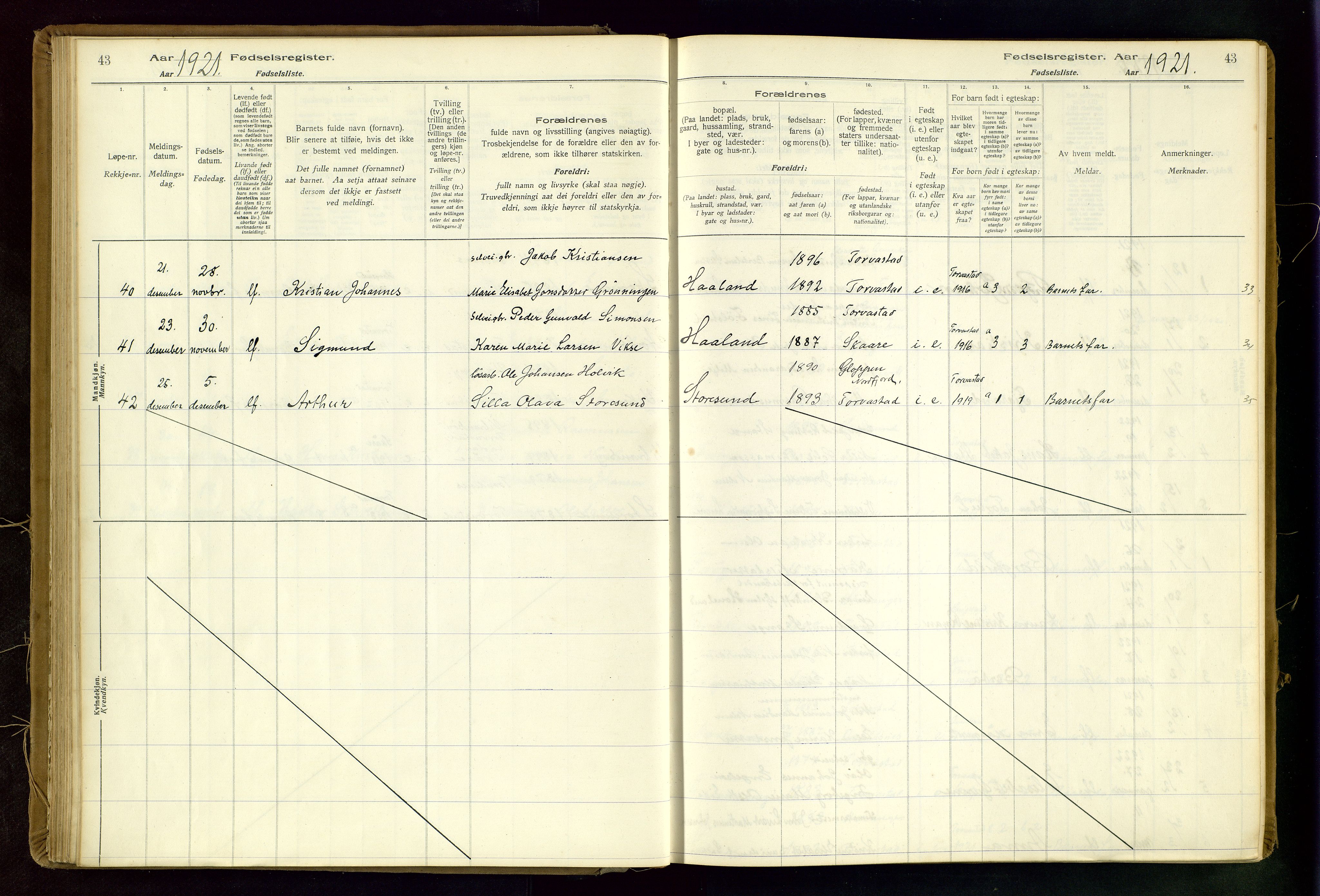 Torvastad sokneprestkontor, AV/SAST-A -101857/I/Id/L0002: Birth register no. 2, 1916-1950, p. 43