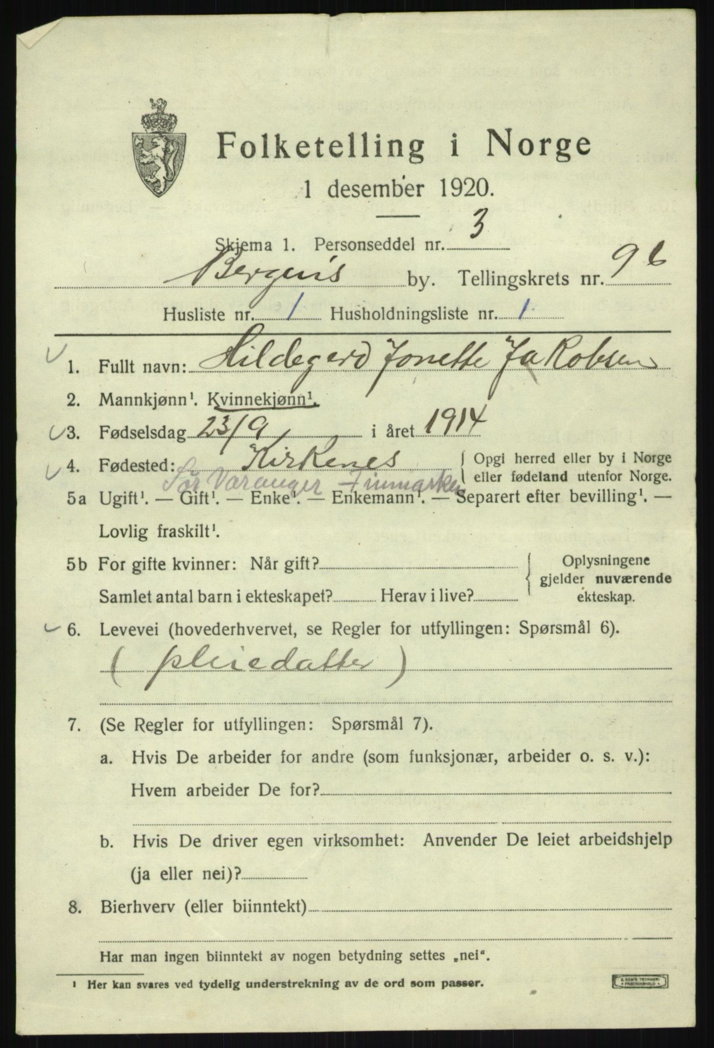 SAB, 1920 census for Bergen, 1920, p. 169886