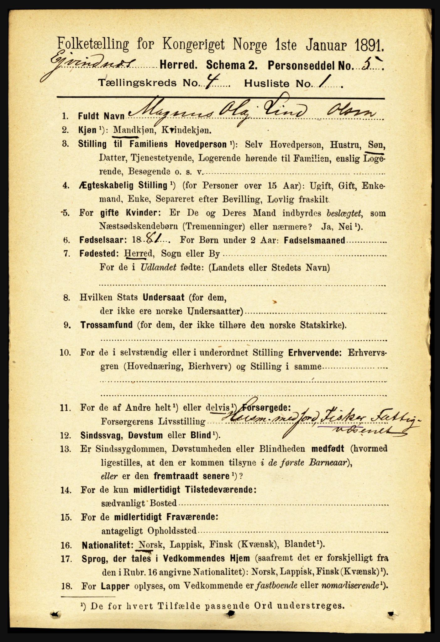 RA, 1891 census for 1853 Evenes, 1891, p. 1230