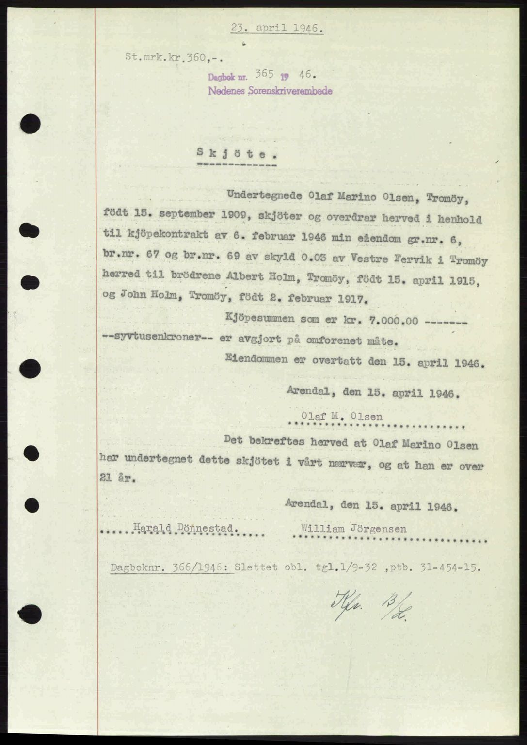 Nedenes sorenskriveri, SAK/1221-0006/G/Gb/Gba/L0054: Mortgage book no. A6c, 1946-1946, Diary no: : 365/1946