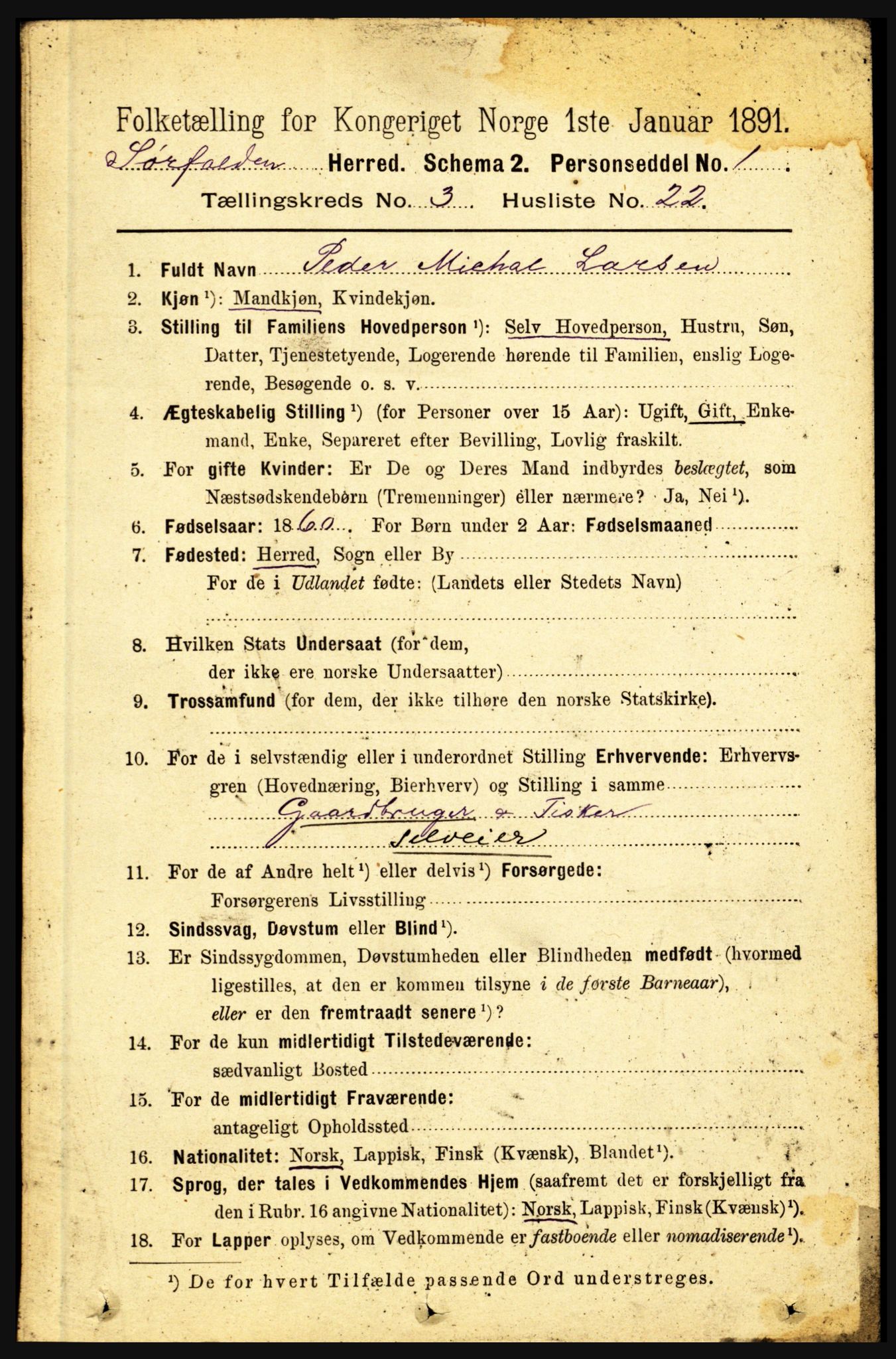 RA, 1891 census for 1845 Sørfold, 1891, p. 593