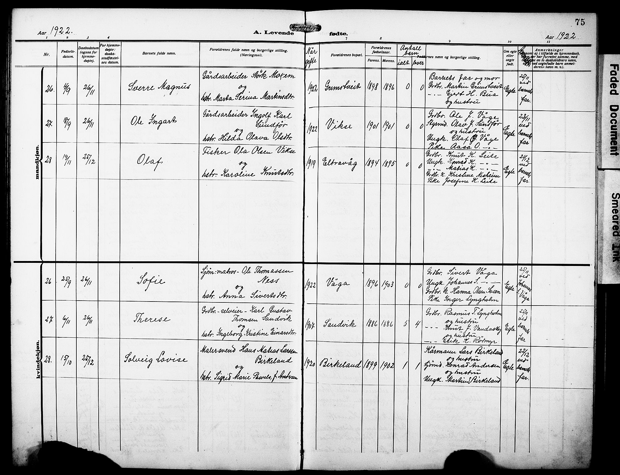Sveio Sokneprestembete, AV/SAB-A-78501/H/Hab: Parish register (copy) no. A 5, 1911-1926, p. 75