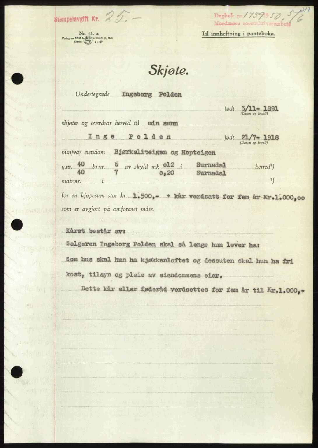 Nordmøre sorenskriveri, AV/SAT-A-4132/1/2/2Ca: Mortgage book no. A115, 1950-1950, Diary no: : 1739/1950