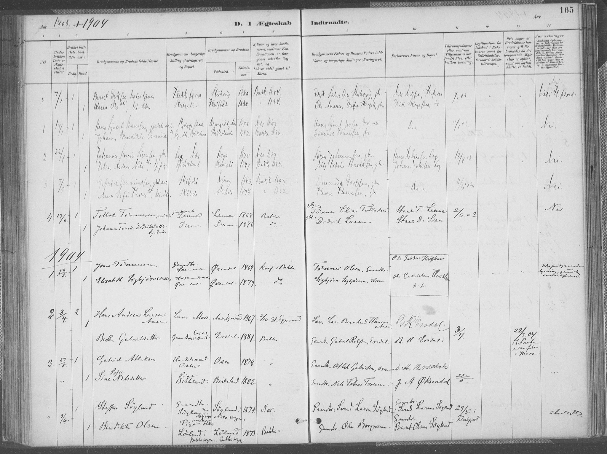 Bakke sokneprestkontor, SAK/1111-0002/F/Fa/Faa/L0008: Parish register (official) no. A 8, 1887-1911, p. 165