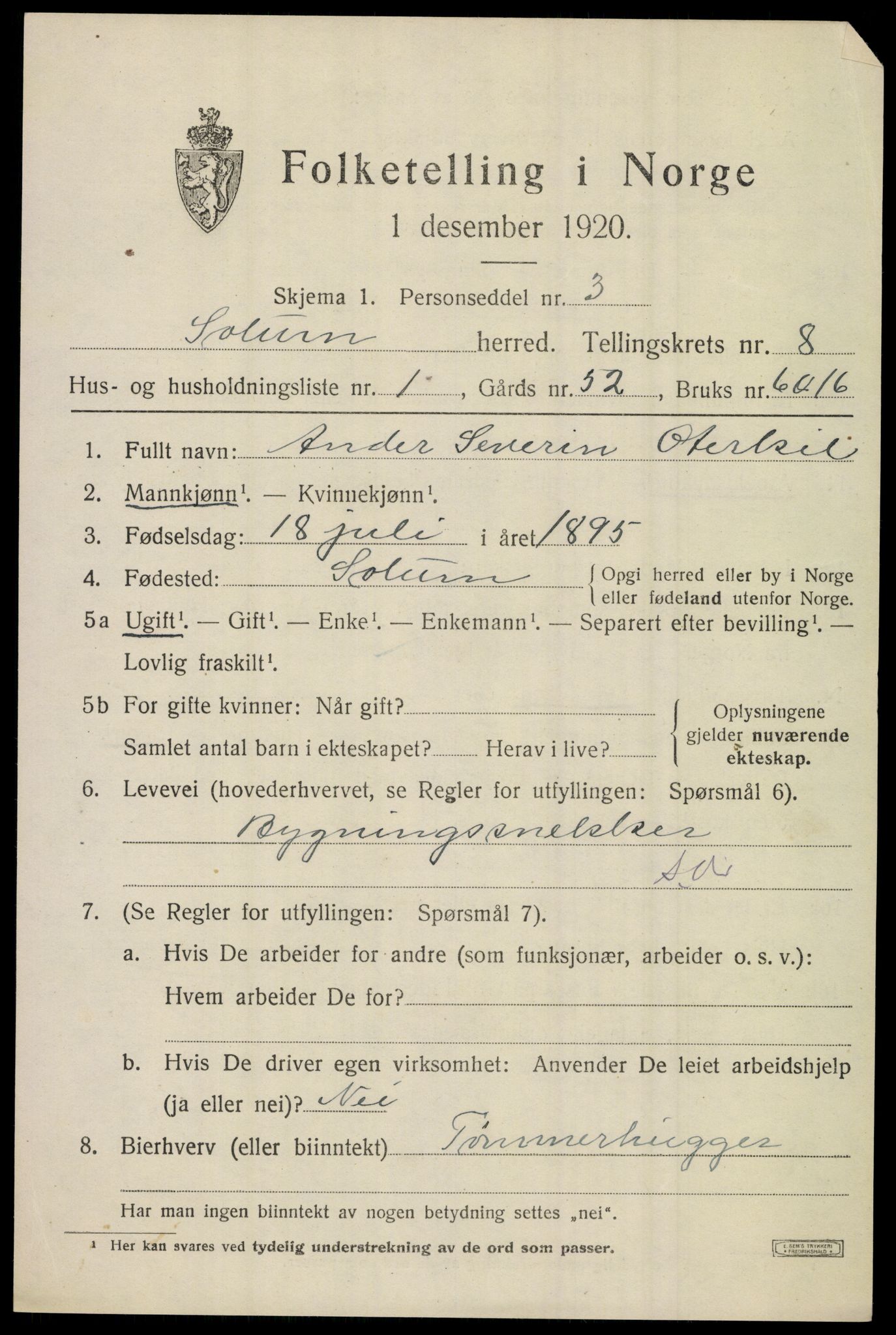 SAKO, 1920 census for Solum, 1920, p. 14292