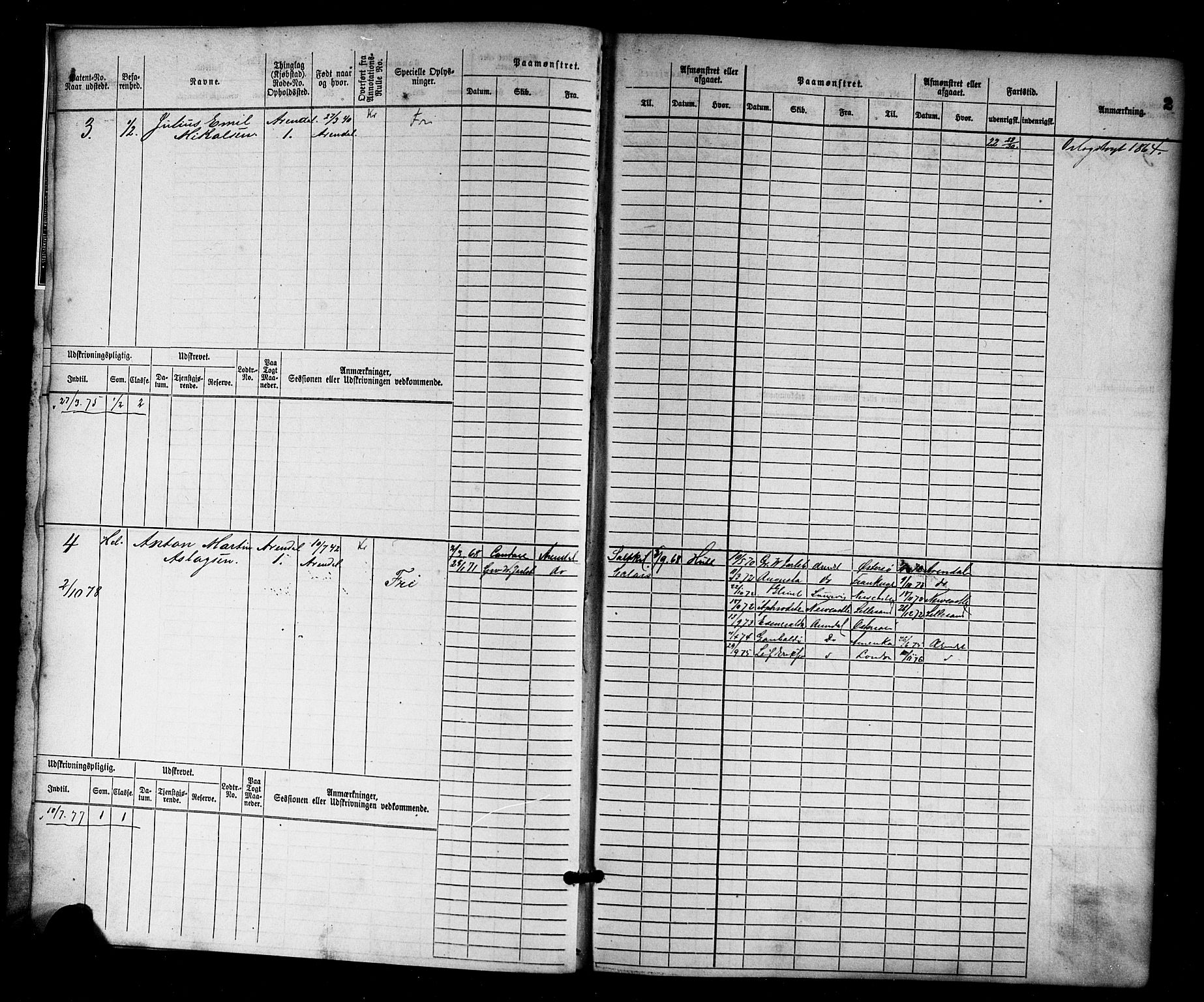 Arendal mønstringskrets, AV/SAK-2031-0012/F/Fb/L0010: Hovedrulle nr 1-774, S-8, 1868-1885, p. 3