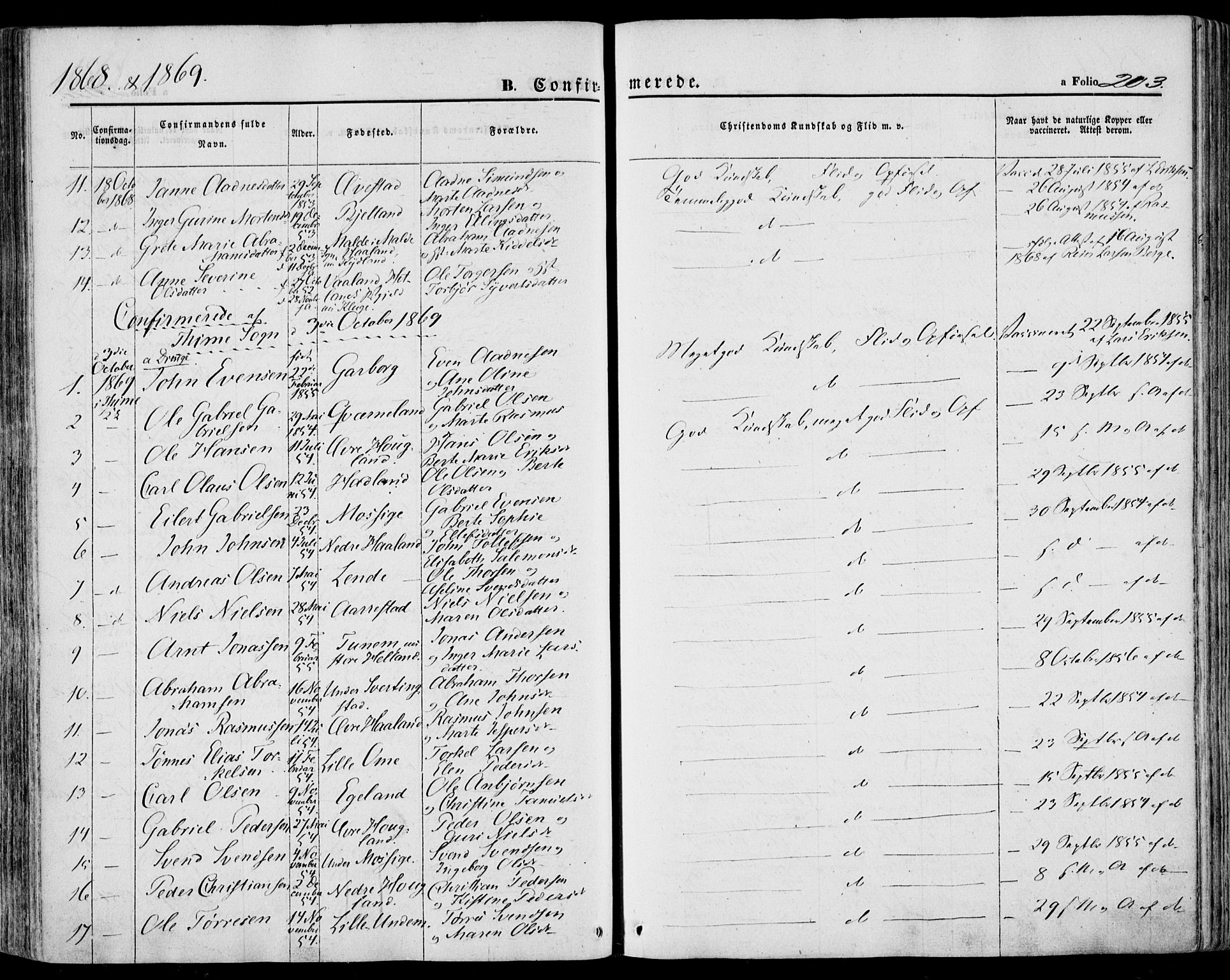 Lye sokneprestkontor, AV/SAST-A-101794/001/30BA/L0007: Parish register (official) no. A 6, 1856-1871, p. 203