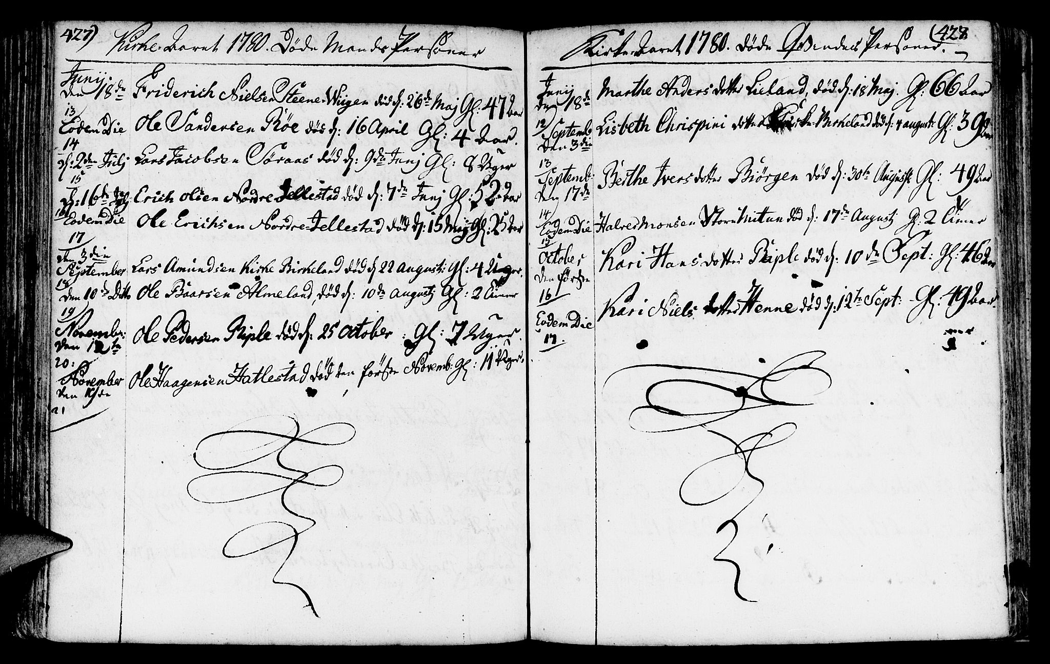 Fana Sokneprestembete, AV/SAB-A-75101/H/Haa/Haaa/L0005: Parish register (official) no. A 5, 1773-1799, p. 427-428