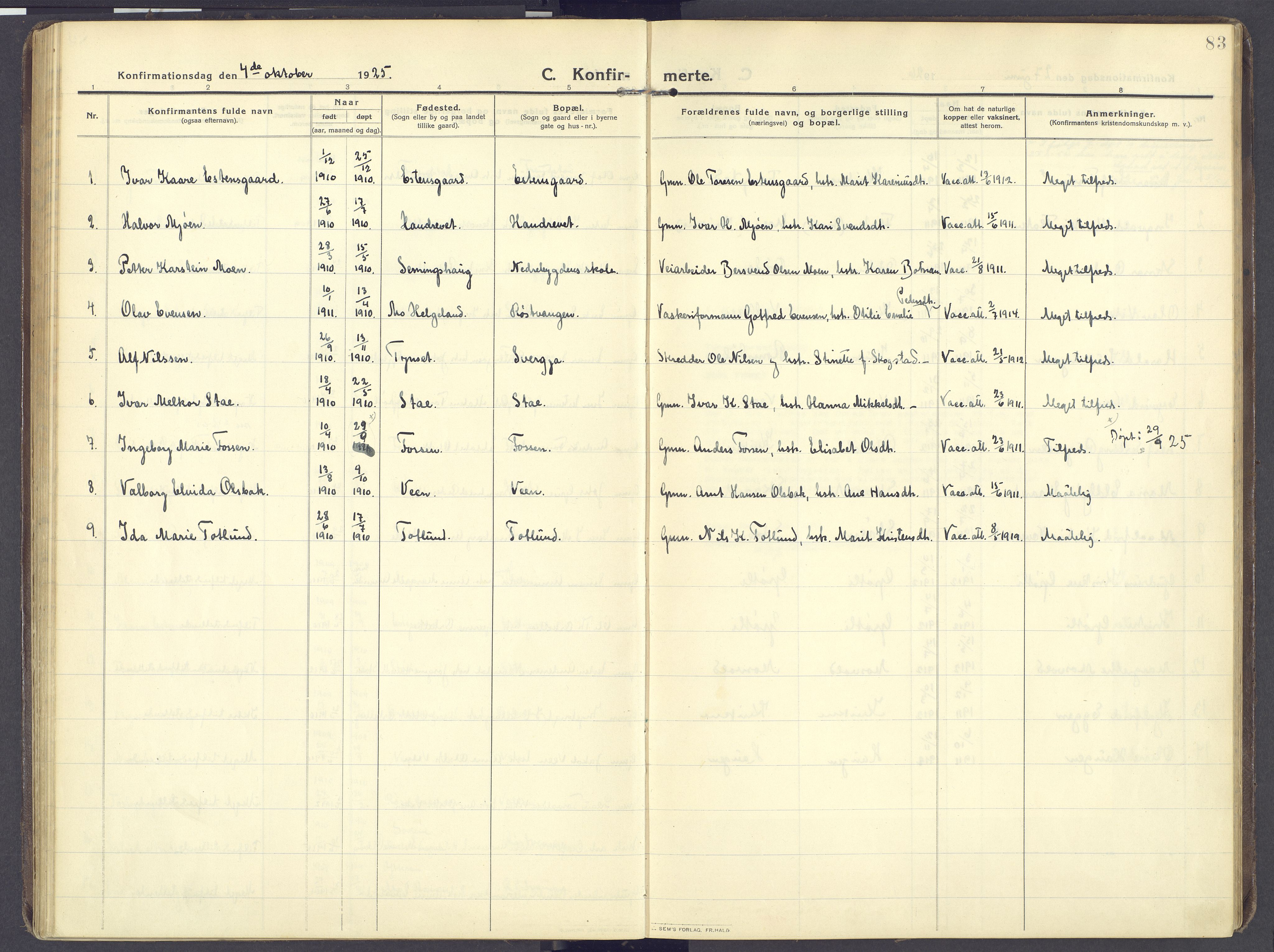 Kvikne prestekontor, SAH/PREST-064/H/Ha/Haa/L0009: Parish register (official) no. 9, 1911-1942, p. 83