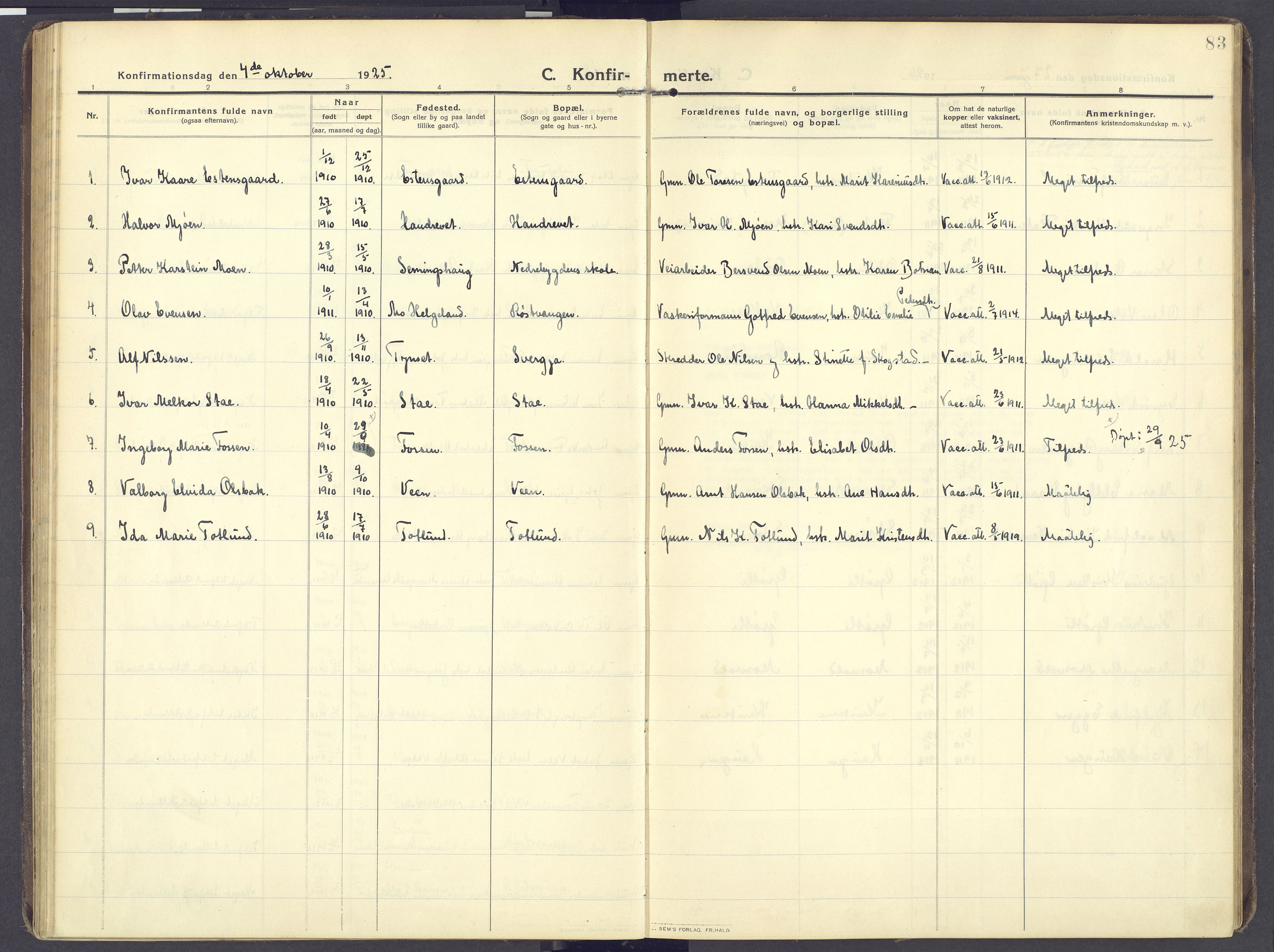 Kvikne prestekontor, AV/SAH-PREST-064/H/Ha/Haa/L0009: Parish register (official) no. 9, 1911-1942, p. 83