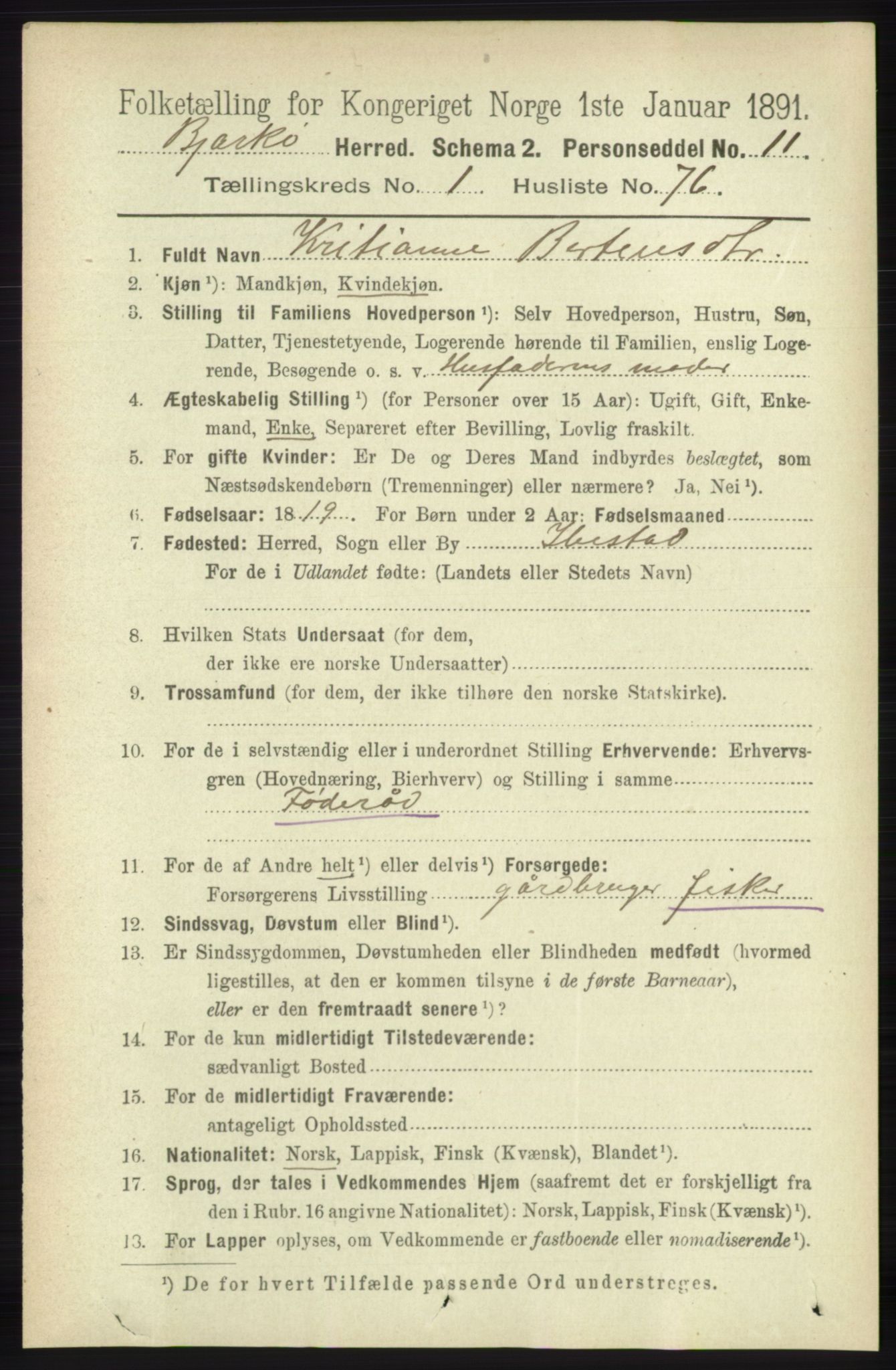 RA, 1891 census for 1915 Bjarkøy, 1891, p. 556