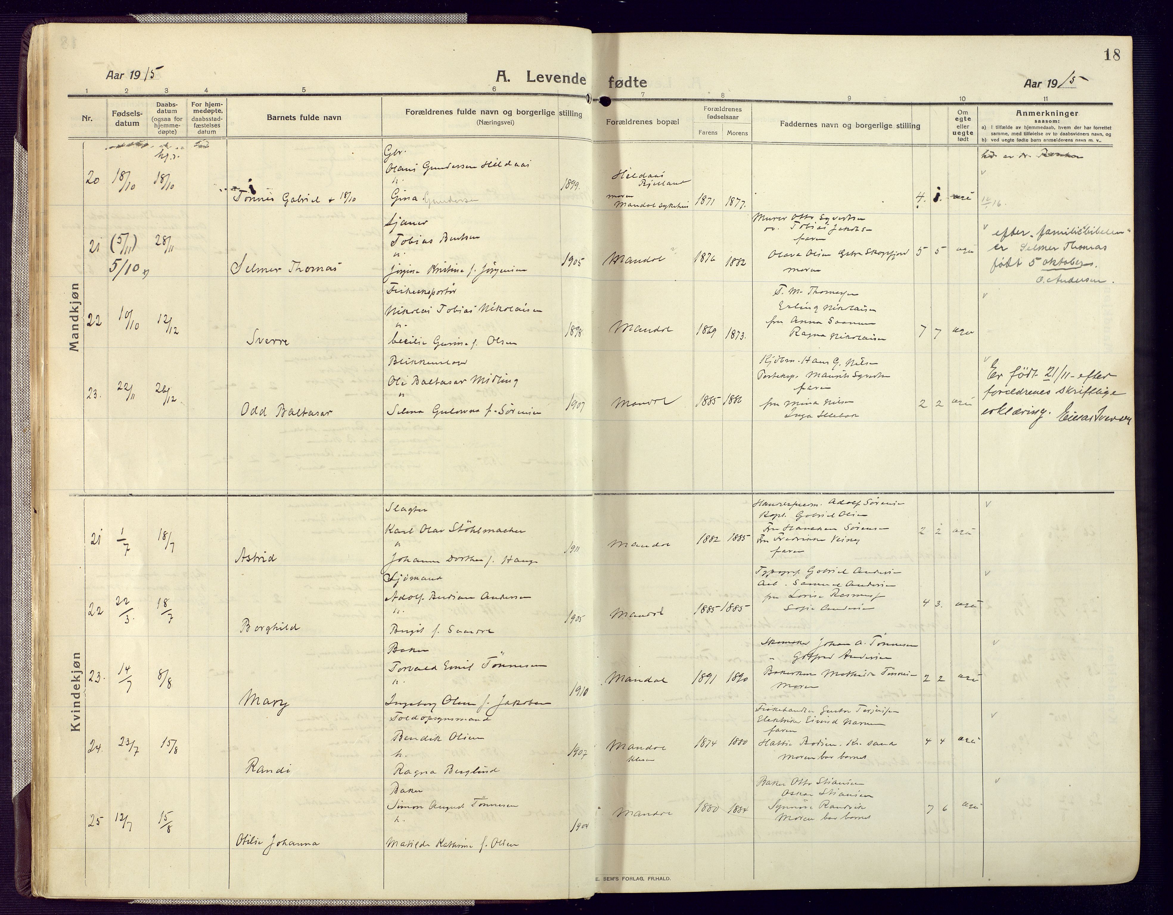 Mandal sokneprestkontor, AV/SAK-1111-0030/F/Fa/Fac/L0001: Parish register (official) no. A 1, 1913-1925, p. 18