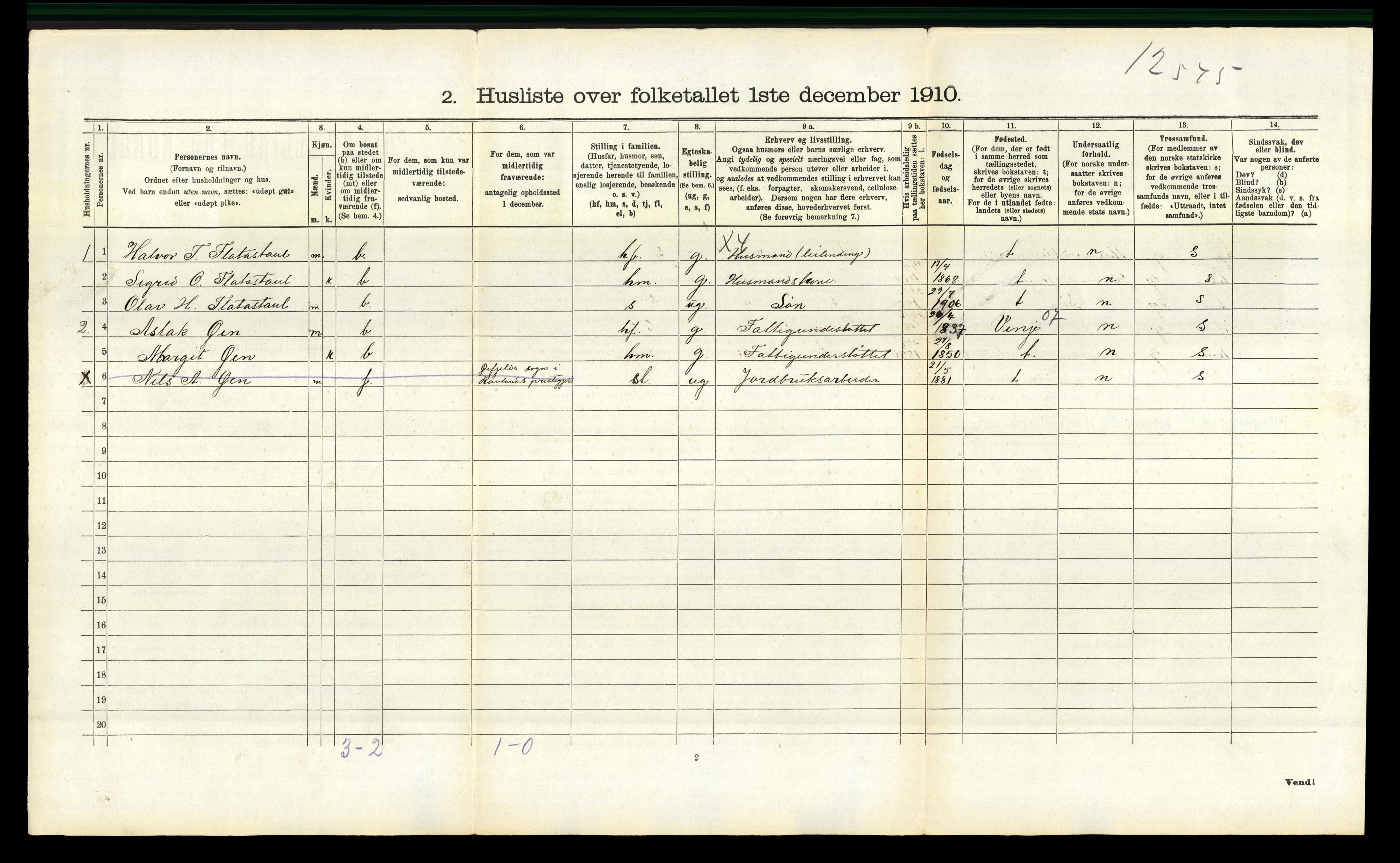 RA, 1910 census for Rauland, 1910, p. 308