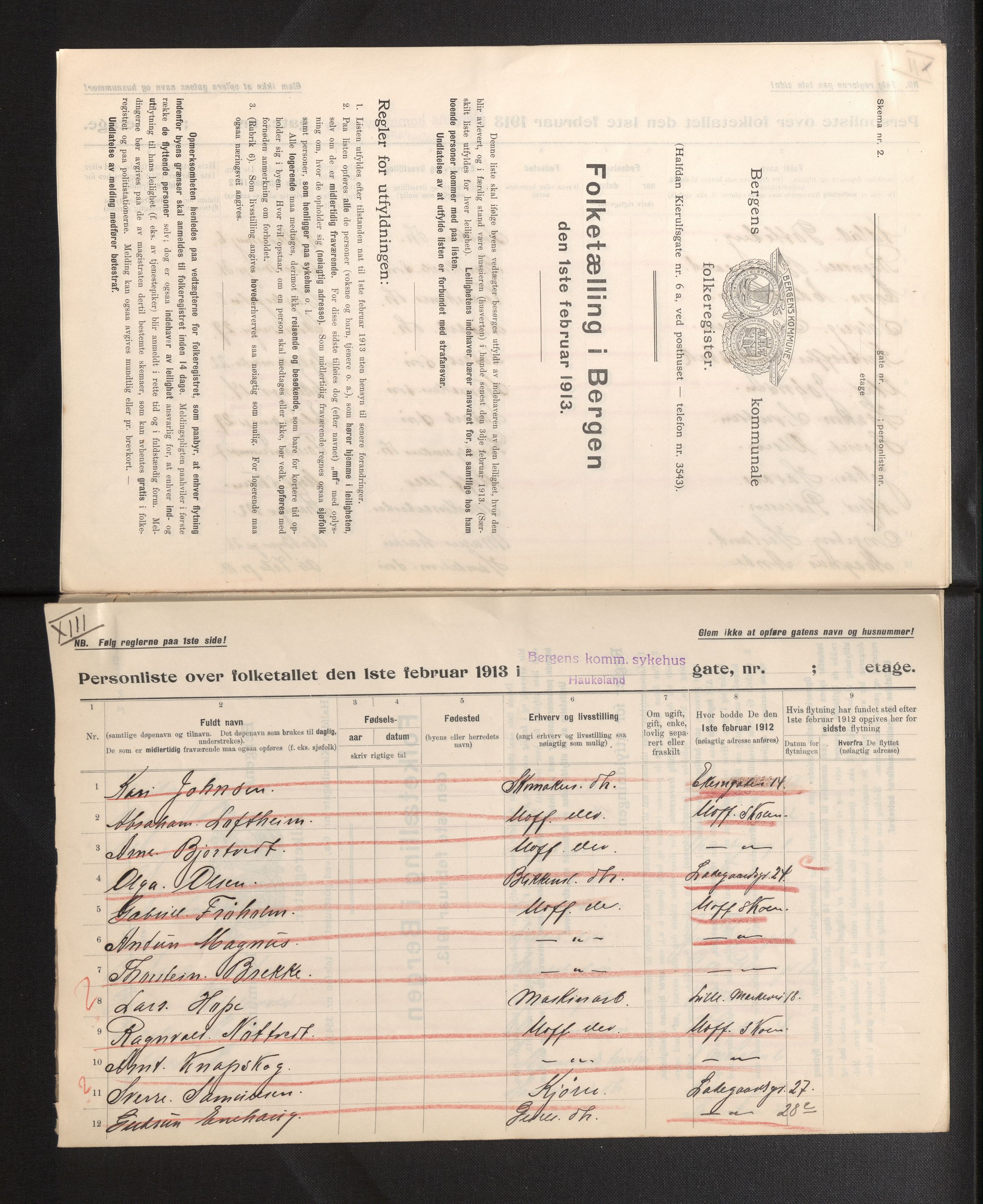 SAB, Municipal Census 1913 for Bergen, 1913, p. 16