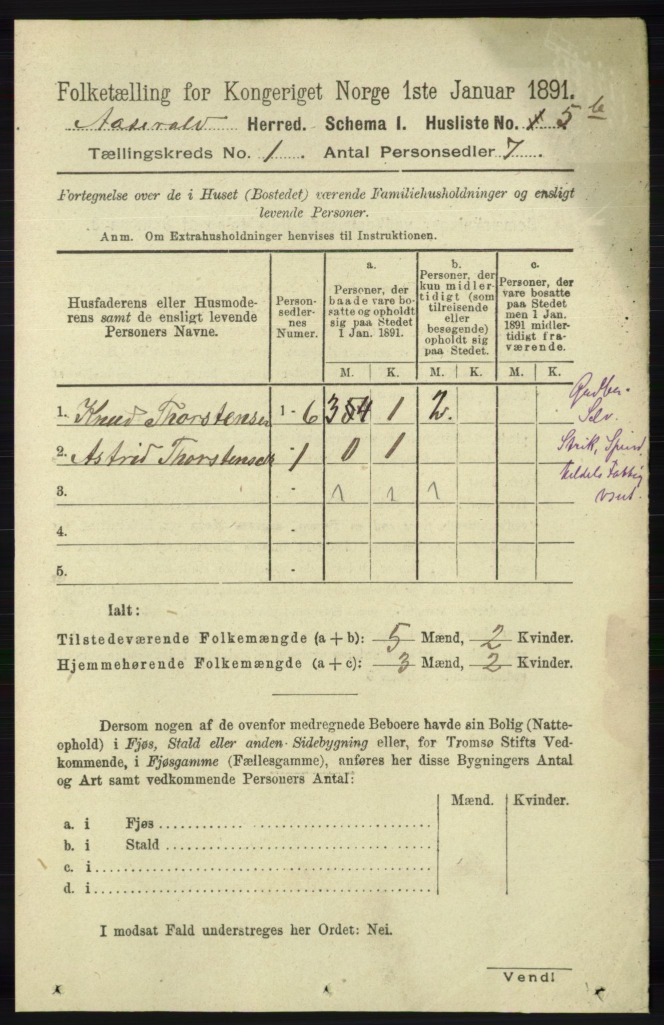 RA, 1891 census for 1026 Åseral, 1891, p. 21