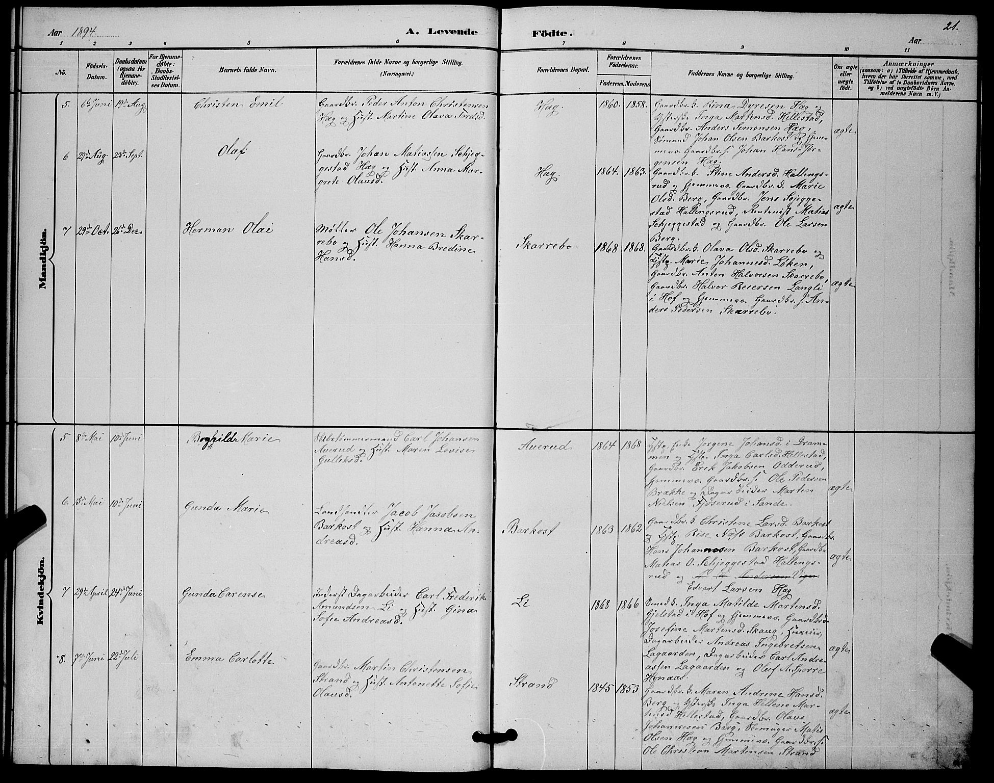 Botne kirkebøker, AV/SAKO-A-340/G/Gb/L0003: Parish register (copy) no. II 3, 1887-1899, p. 21