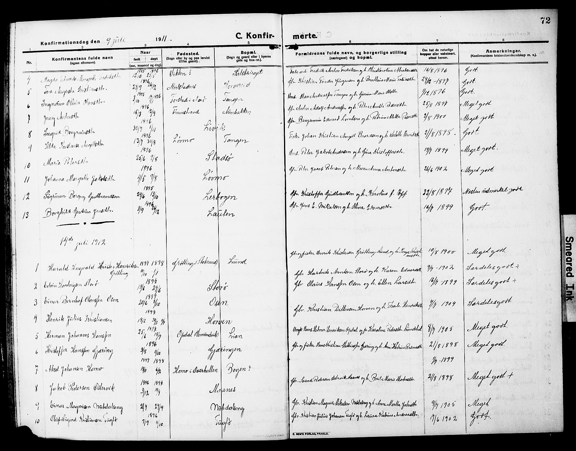 Ministerialprotokoller, klokkerbøker og fødselsregistre - Nord-Trøndelag, SAT/A-1458/780/L0653: Parish register (copy) no. 780C05, 1911-1927, p. 72