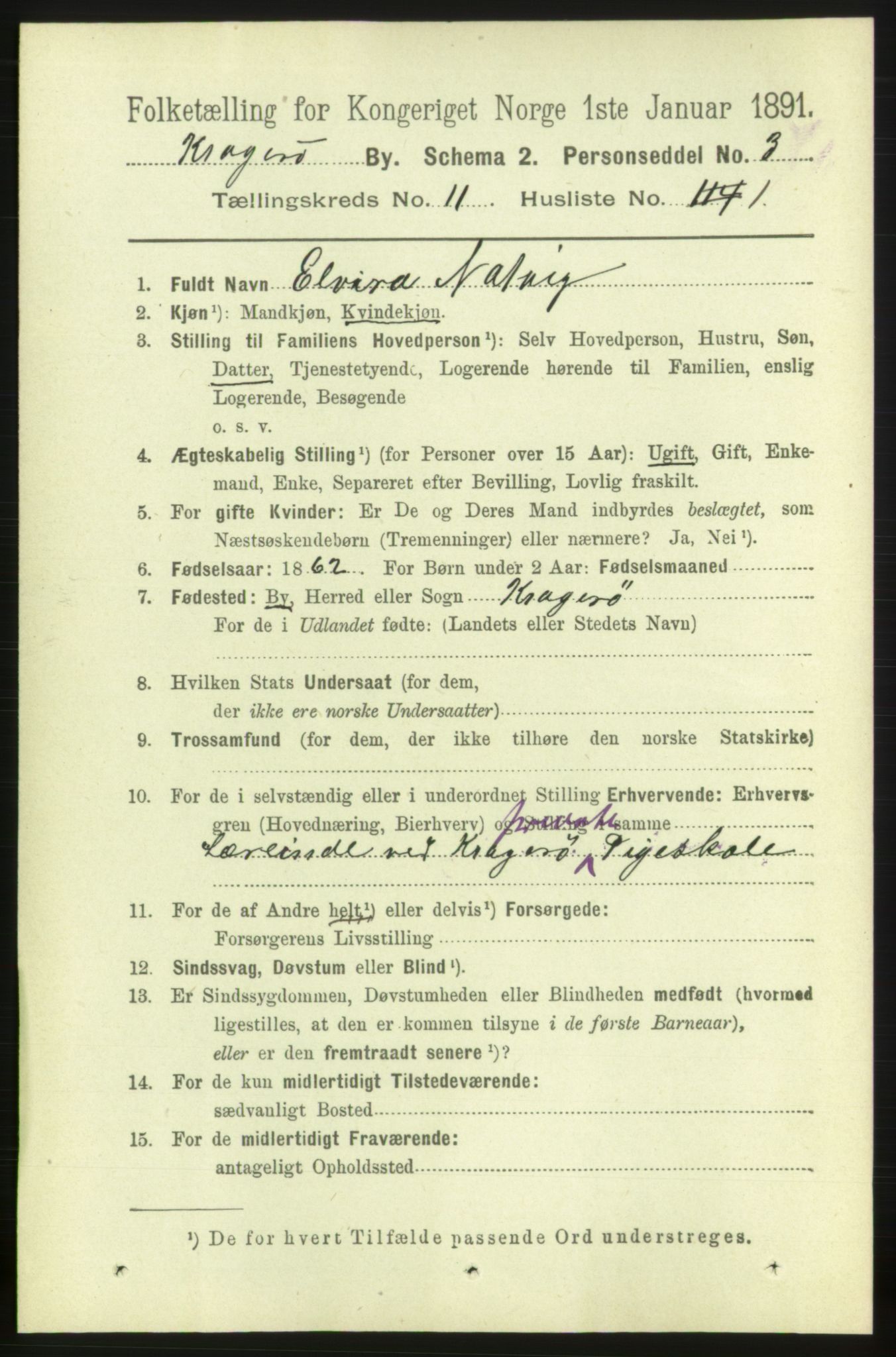 RA, 1891 census for 0801 Kragerø, 1891, p. 3853