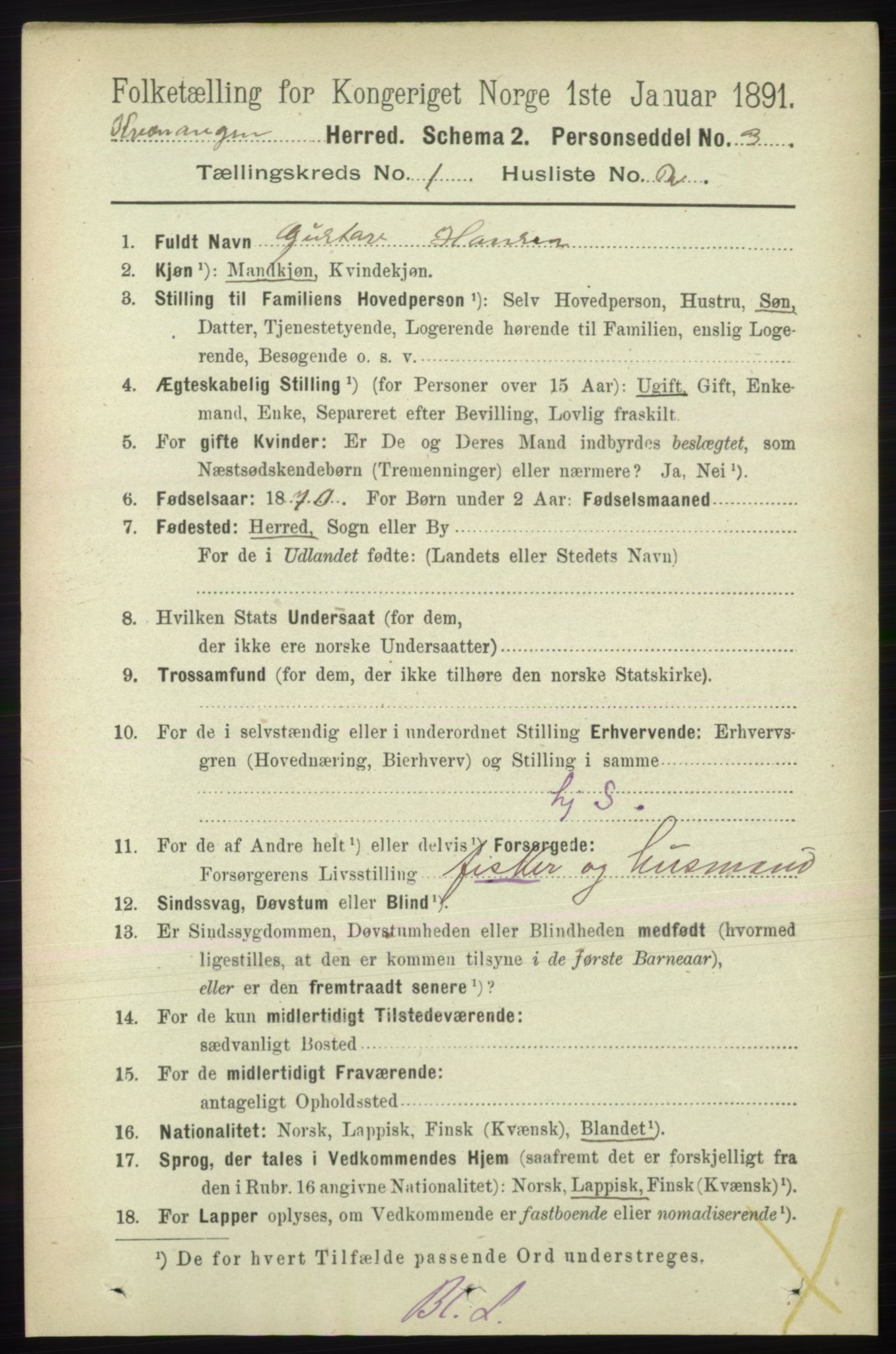 RA, 1891 census for 1943 Kvænangen, 1891, p. 67