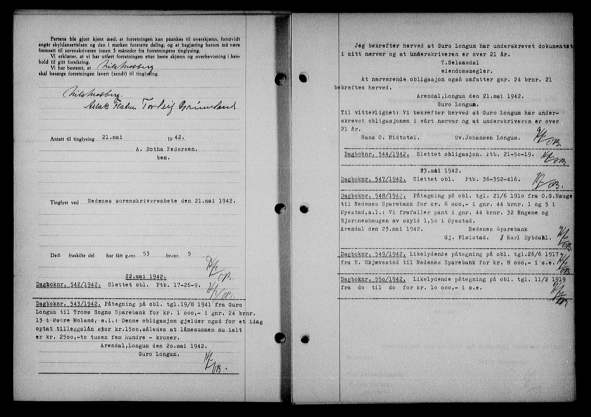 Nedenes sorenskriveri, SAK/1221-0006/G/Gb/Gba/L0049: Mortgage book no. A-III, 1941-1942, Diary no: : 542/1942