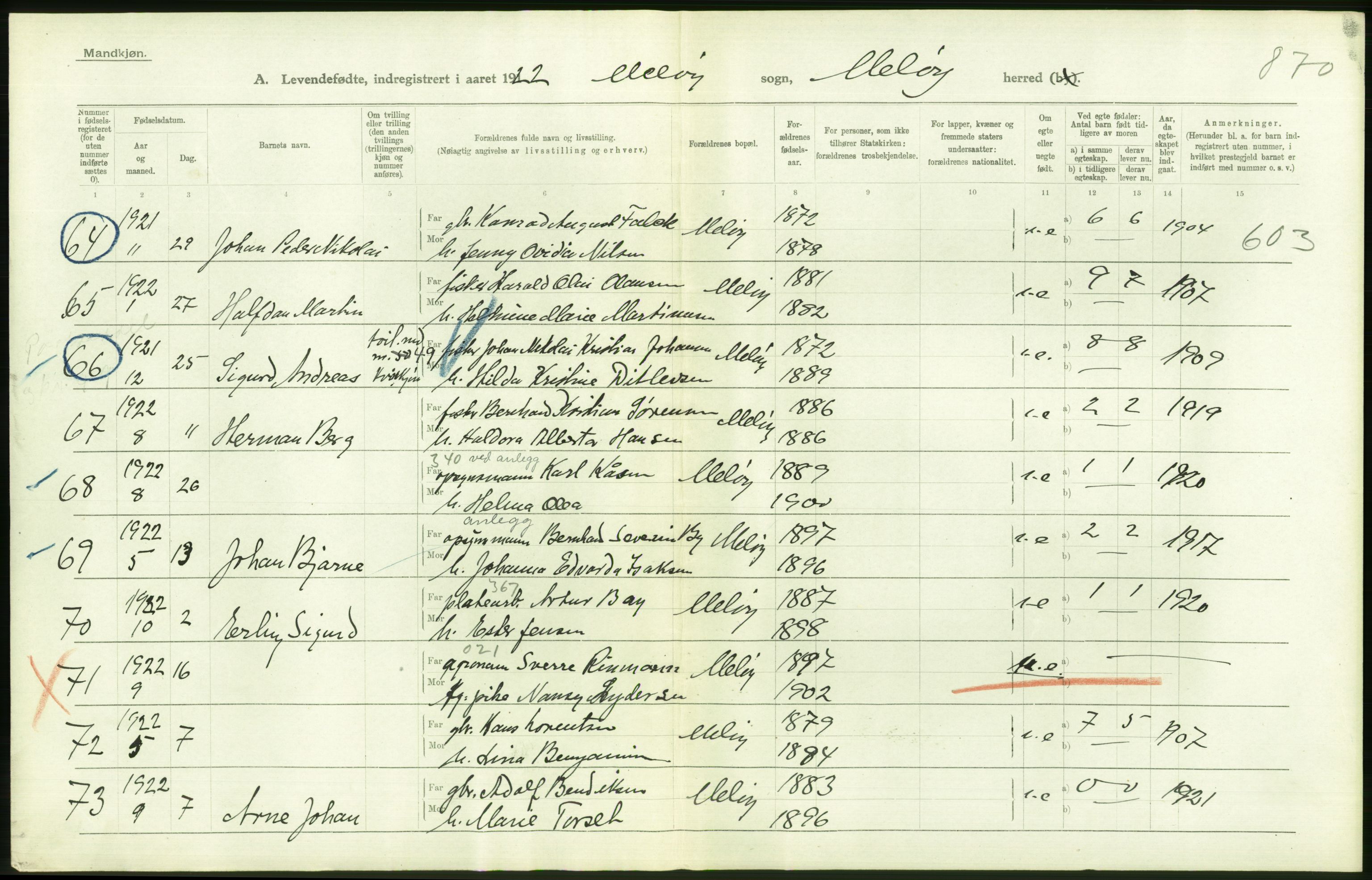 Statistisk sentralbyrå, Sosiodemografiske emner, Befolkning, RA/S-2228/D/Df/Dfc/Dfcb/L0044: Nordland fylke: Levendefødte menn og kvinner. Bygder og byer., 1922, p. 454