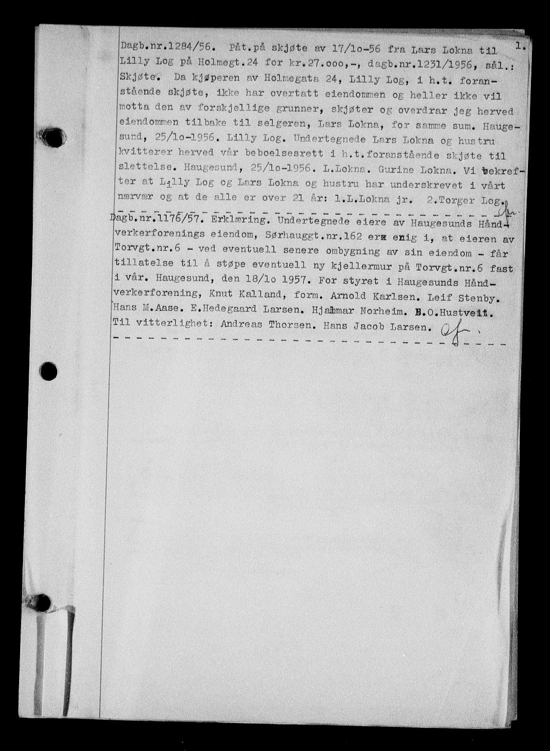 Haugesund tingrett, SAST/A-101415/01/II/IIC/L0068: Mortgage book no. A 9, 1956-1958, Diary no: : 1284/1956