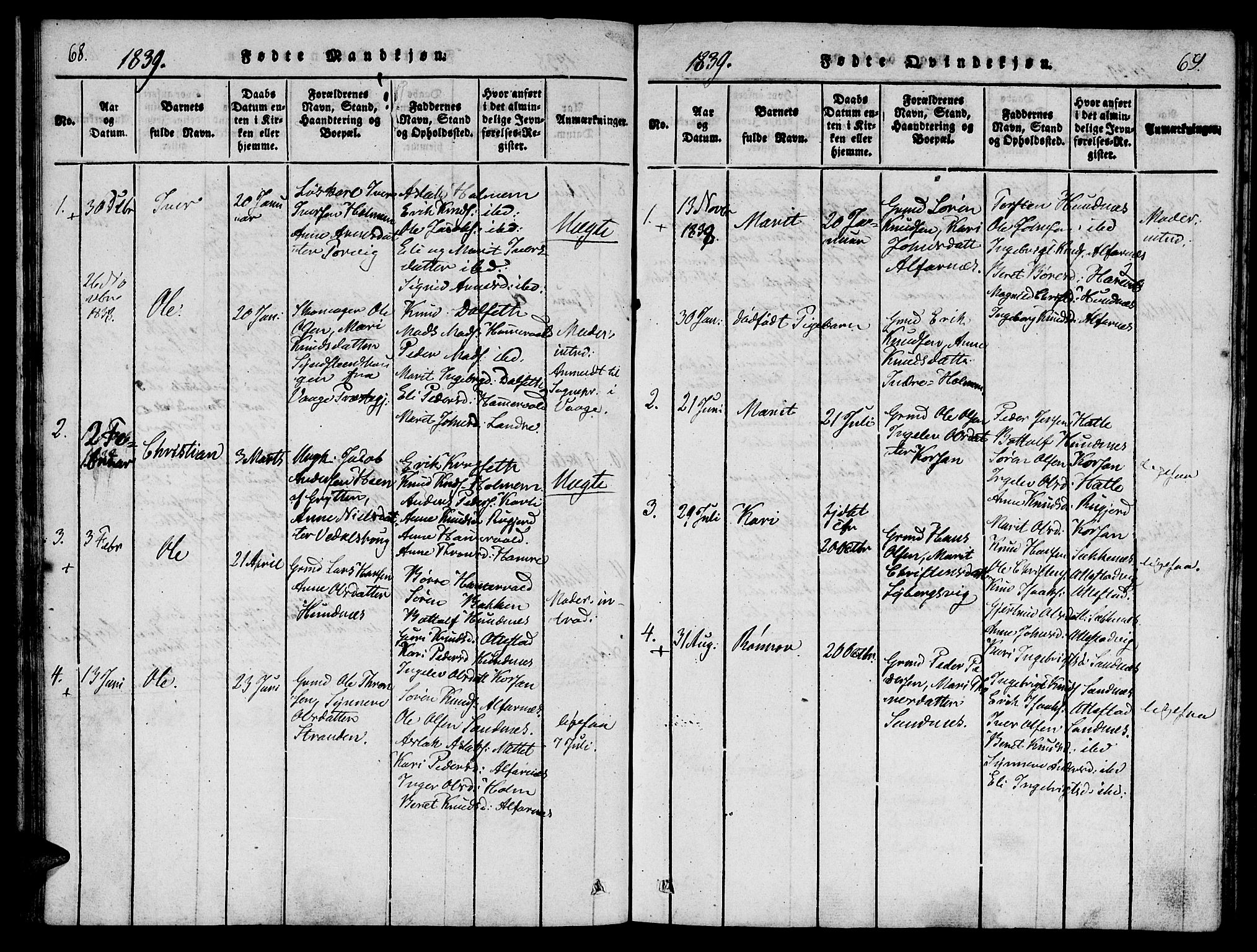 Ministerialprotokoller, klokkerbøker og fødselsregistre - Møre og Romsdal, AV/SAT-A-1454/548/L0612: Parish register (official) no. 548A01, 1818-1846, p. 68-69