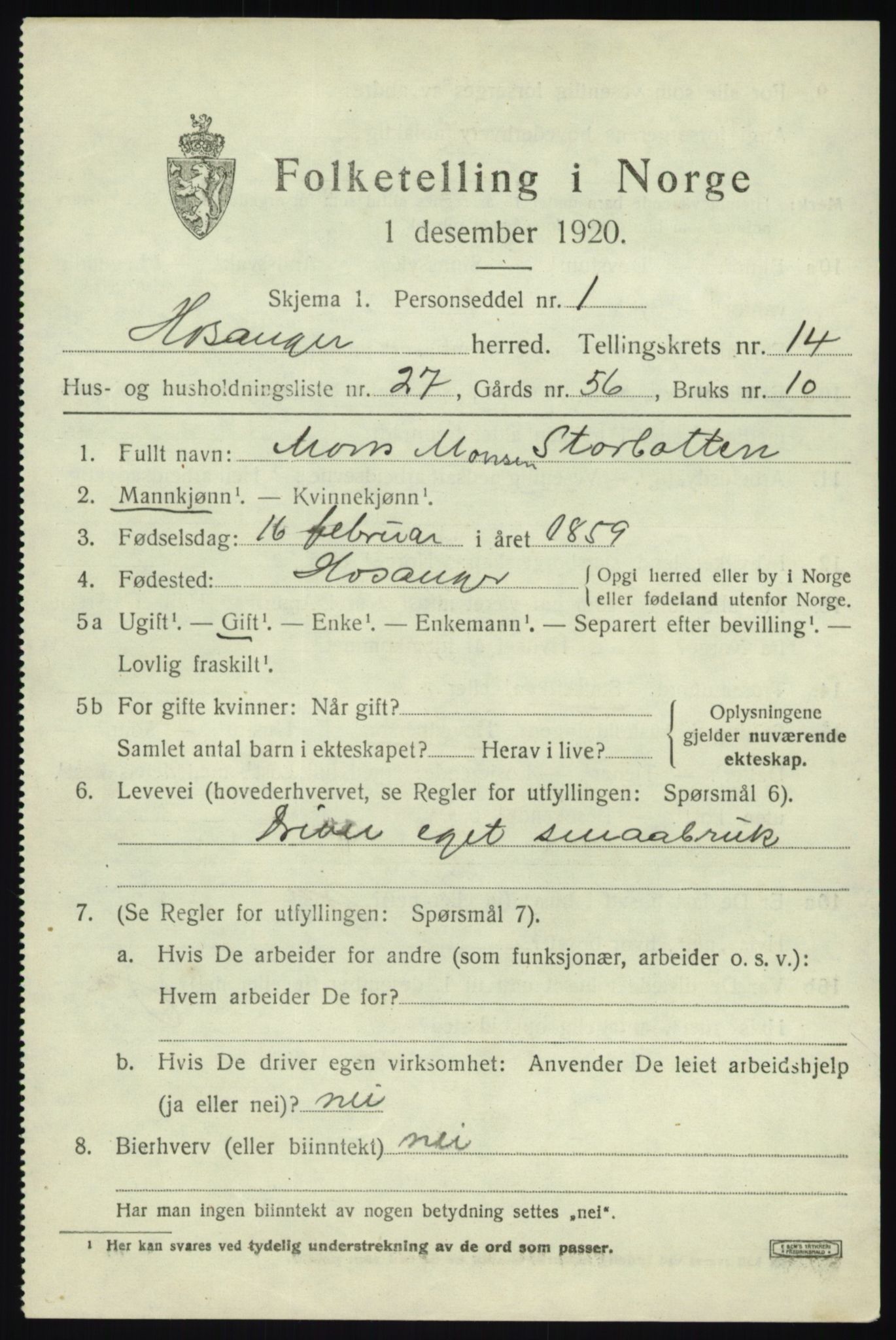 SAB, 1920 census for Hosanger, 1920, p. 5837