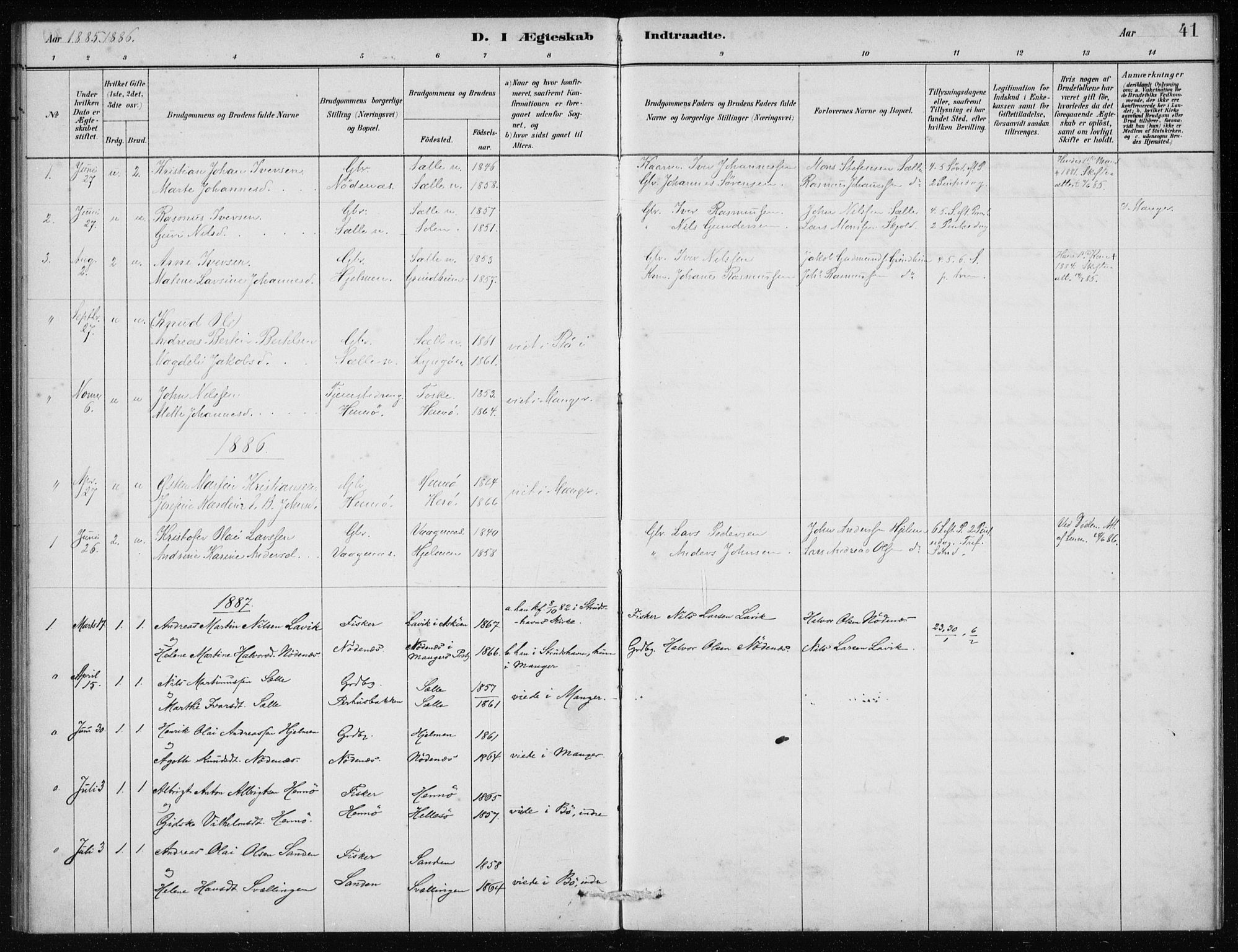 Manger sokneprestembete, SAB/A-76801/H/Haa: Parish register (official) no. E  1, 1881-1890, p. 41