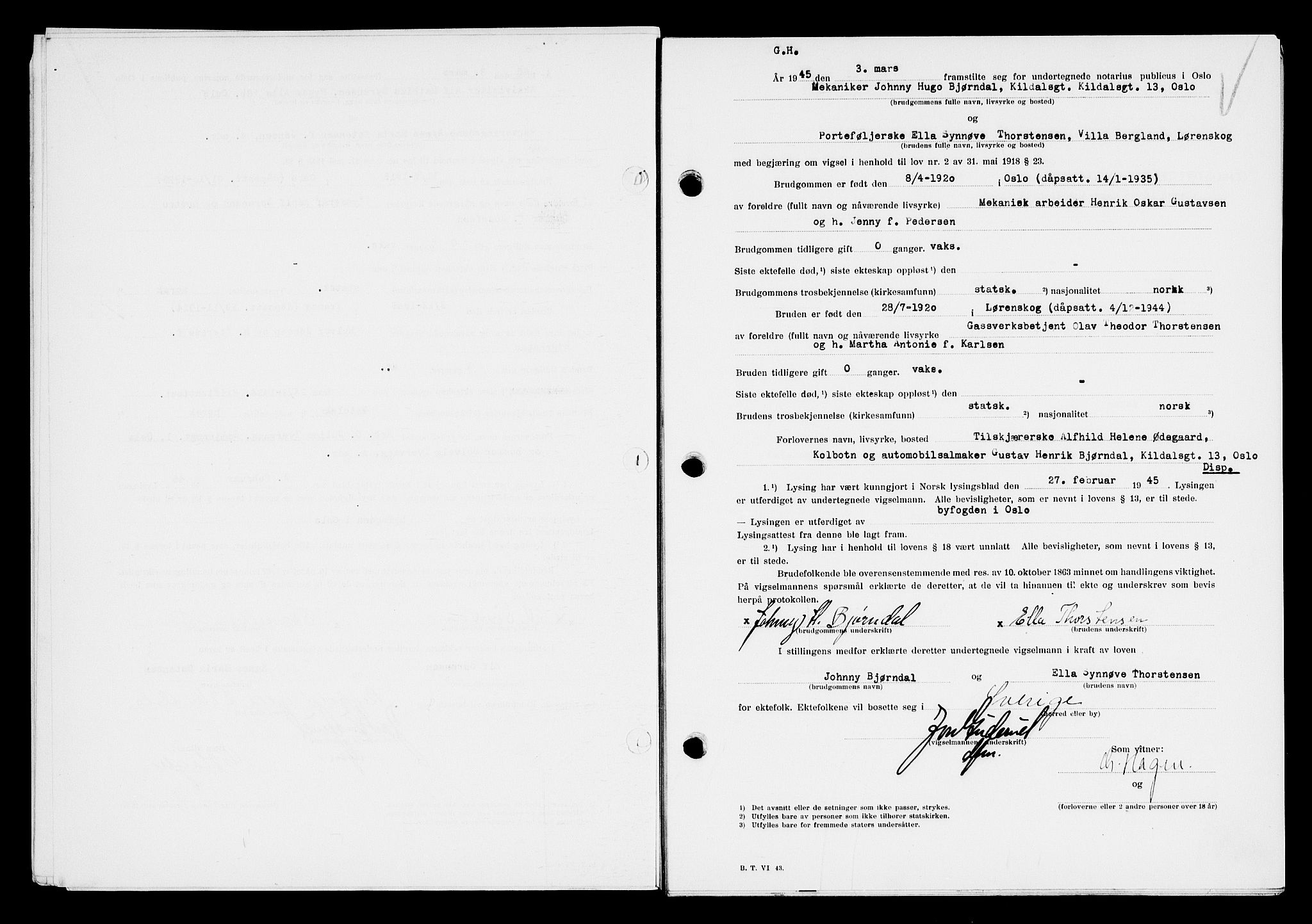 Oslo byfogd avd. I, AV/SAO-A-10220/L/Lb/Lbb/L0053: Notarialprotokoll, rekke II: Vigsler, 1945