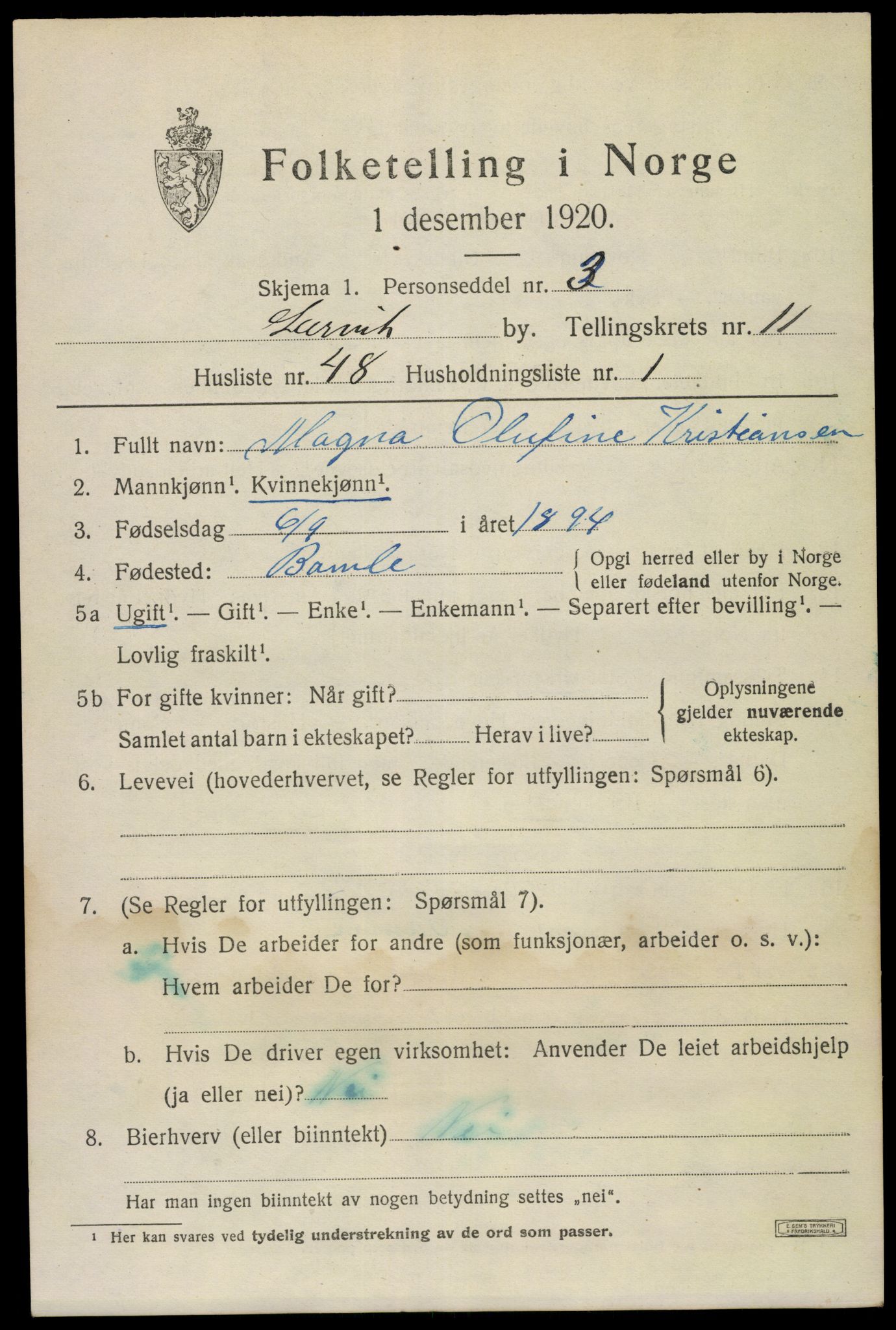 SAKO, 1920 census for Larvik, 1920, p. 29280