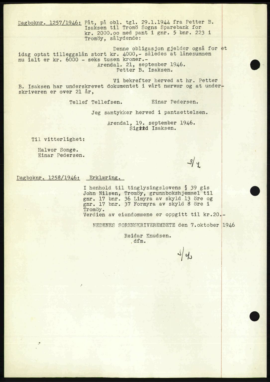 Nedenes sorenskriveri, SAK/1221-0006/G/Gb/Gba/L0056: Mortgage book no. A8, 1946-1947, Diary no: : 1257/1946