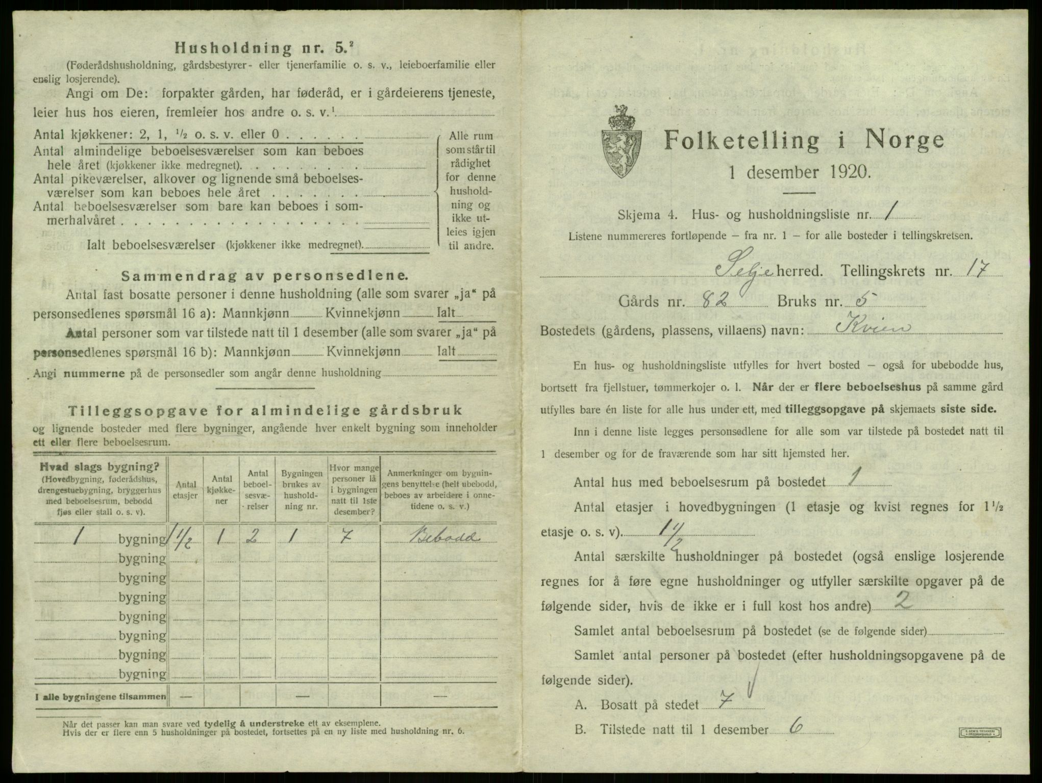 SAB, 1920 census for Selje, 1920, p. 1031