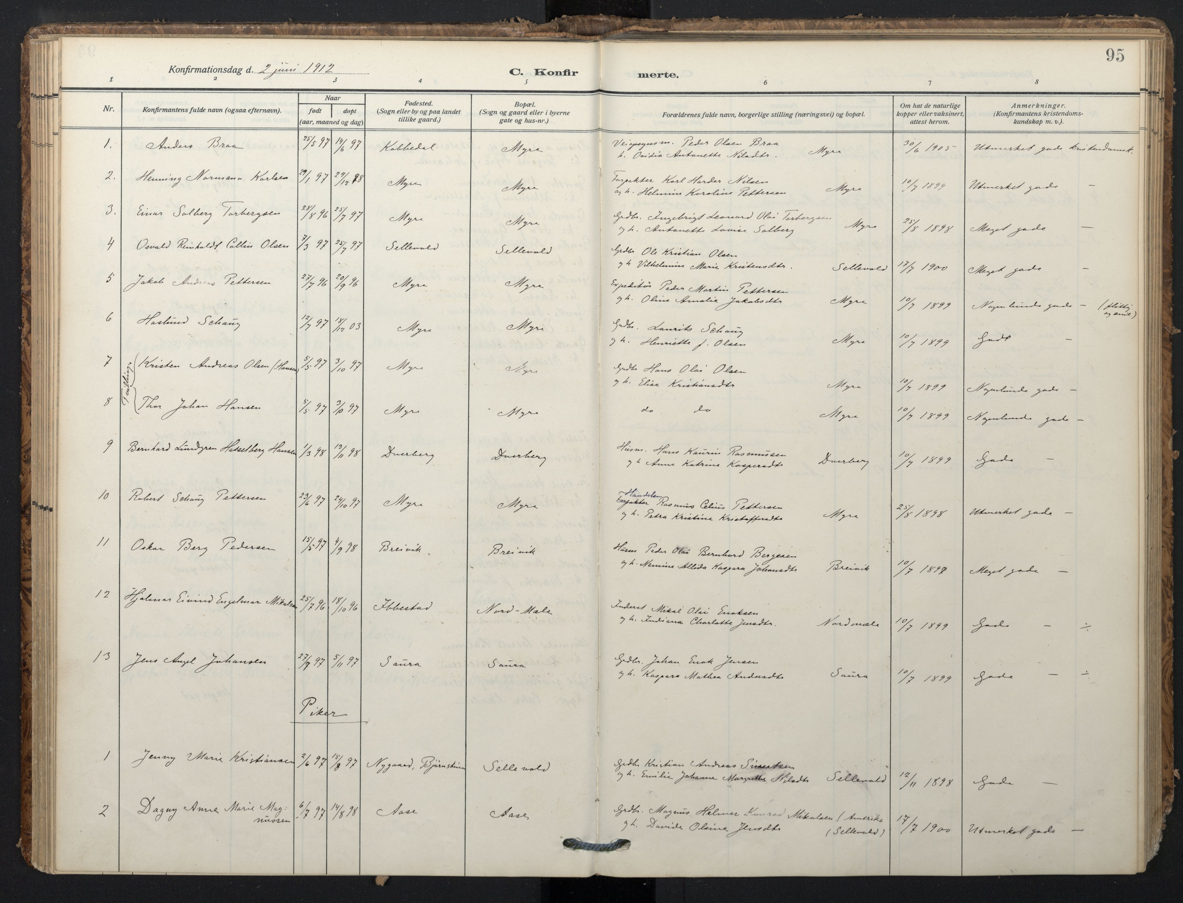 Ministerialprotokoller, klokkerbøker og fødselsregistre - Nordland, SAT/A-1459/897/L1401: Parish register (official) no. 897A08, 1909-1921, p. 95