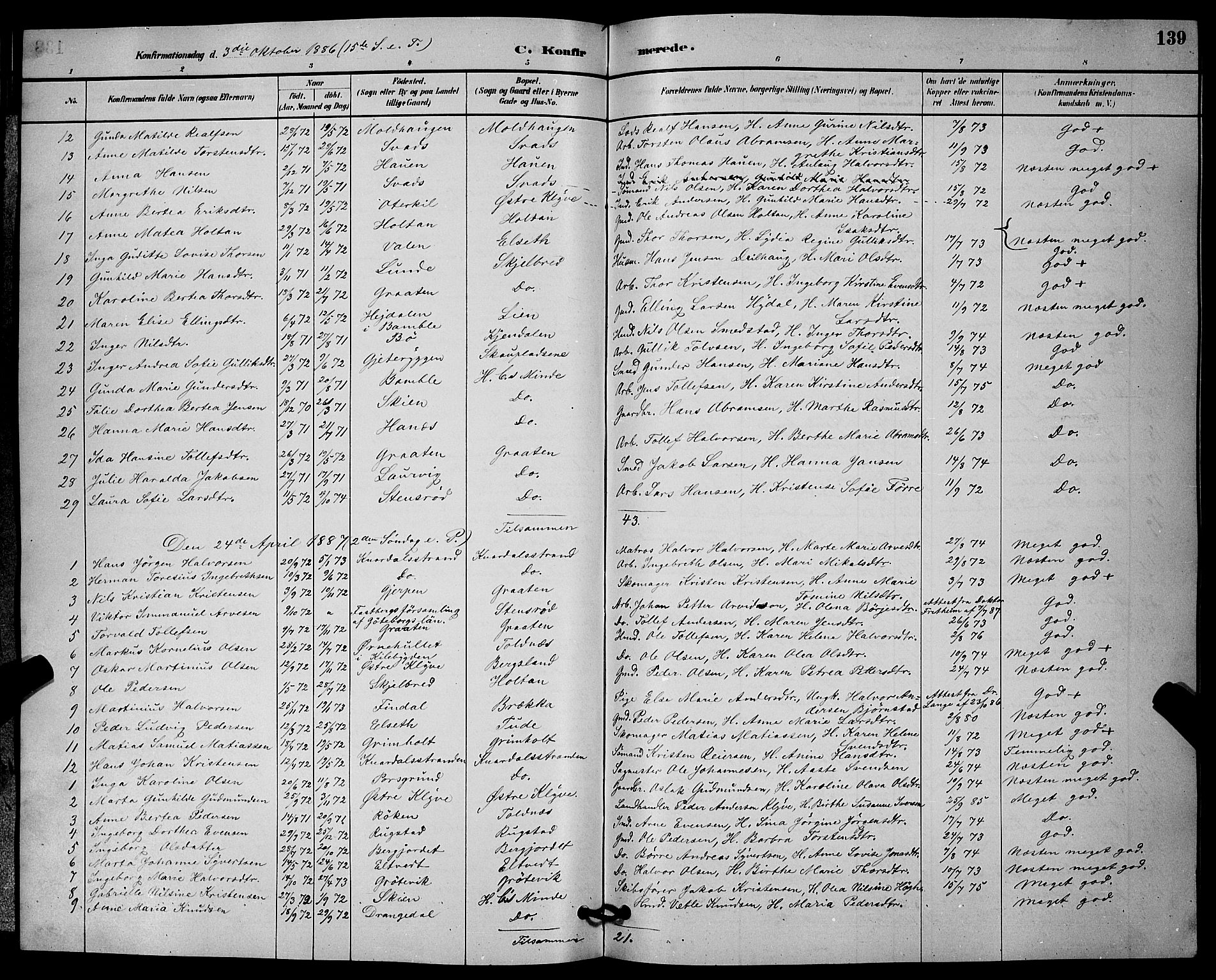 Solum kirkebøker, SAKO/A-306/G/Ga/L0007: Parish register (copy) no. I 7, 1884-1898, p. 139