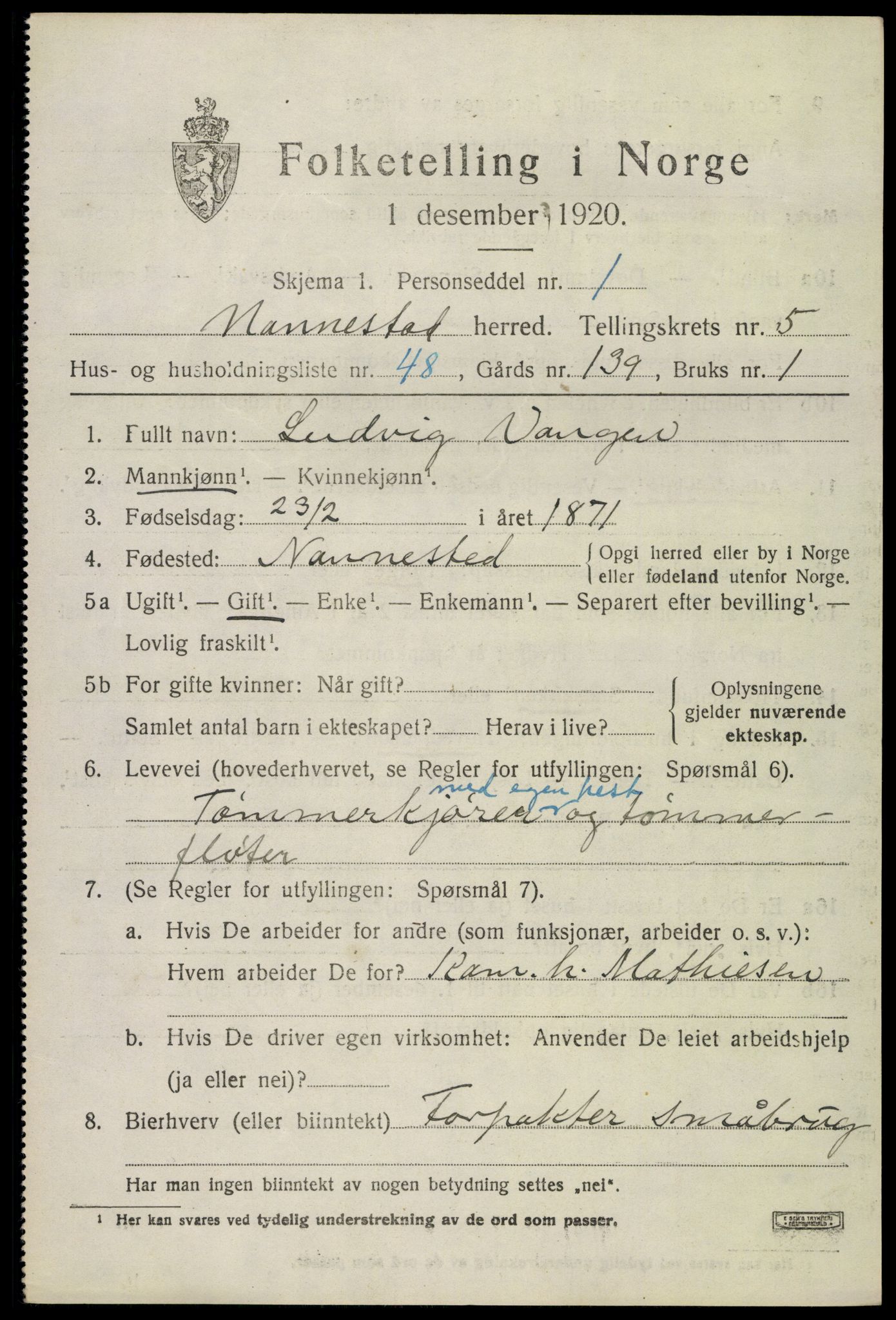 SAO, 1920 census for Nannestad, 1920, p. 7183