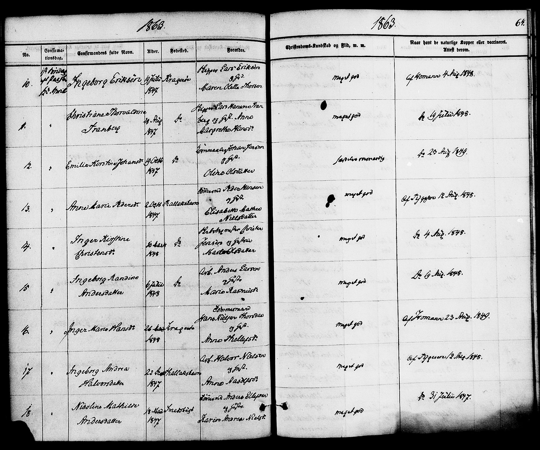 Kragerø kirkebøker, AV/SAKO-A-278/F/Fa/L0008: Parish register (official) no. 8, 1856-1880, p. 64