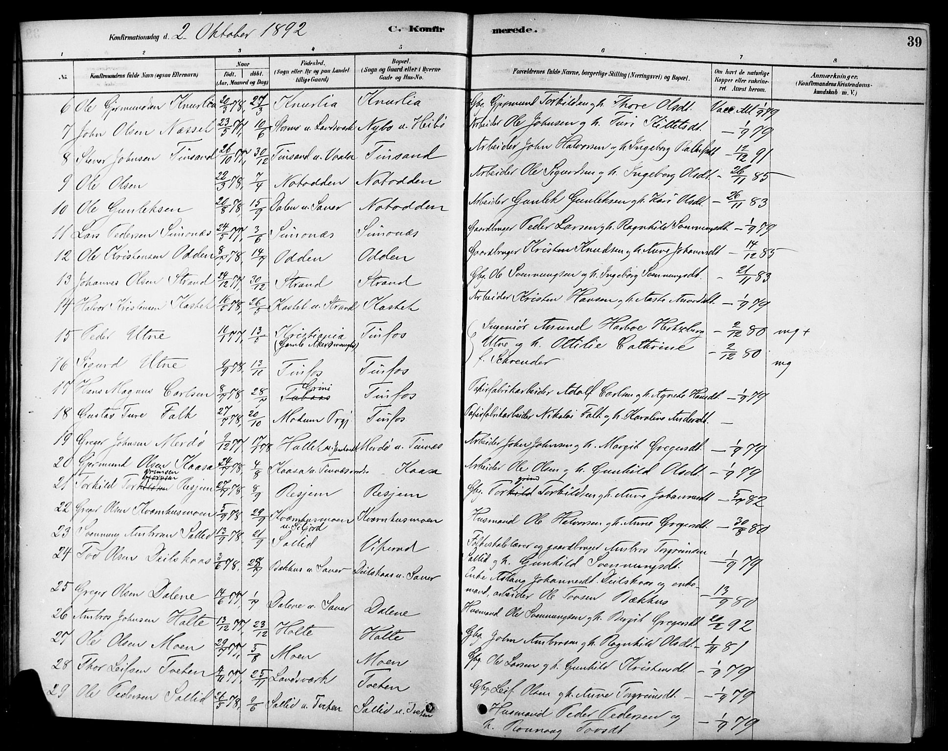 Heddal kirkebøker, SAKO/A-268/F/Fa/L0009: Parish register (official) no. I 9, 1878-1903, p. 39
