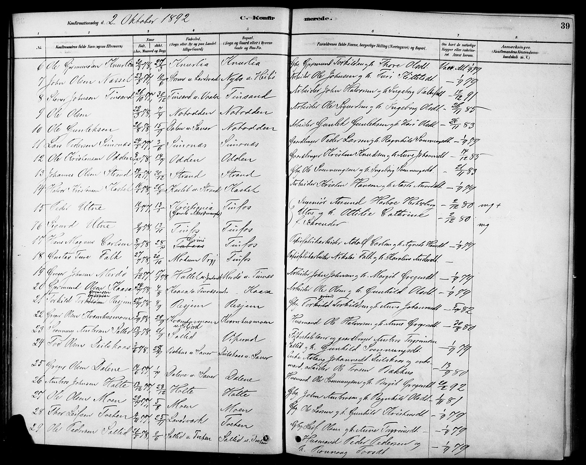 Heddal kirkebøker, AV/SAKO-A-268/F/Fa/L0009: Parish register (official) no. I 9, 1878-1903, p. 39