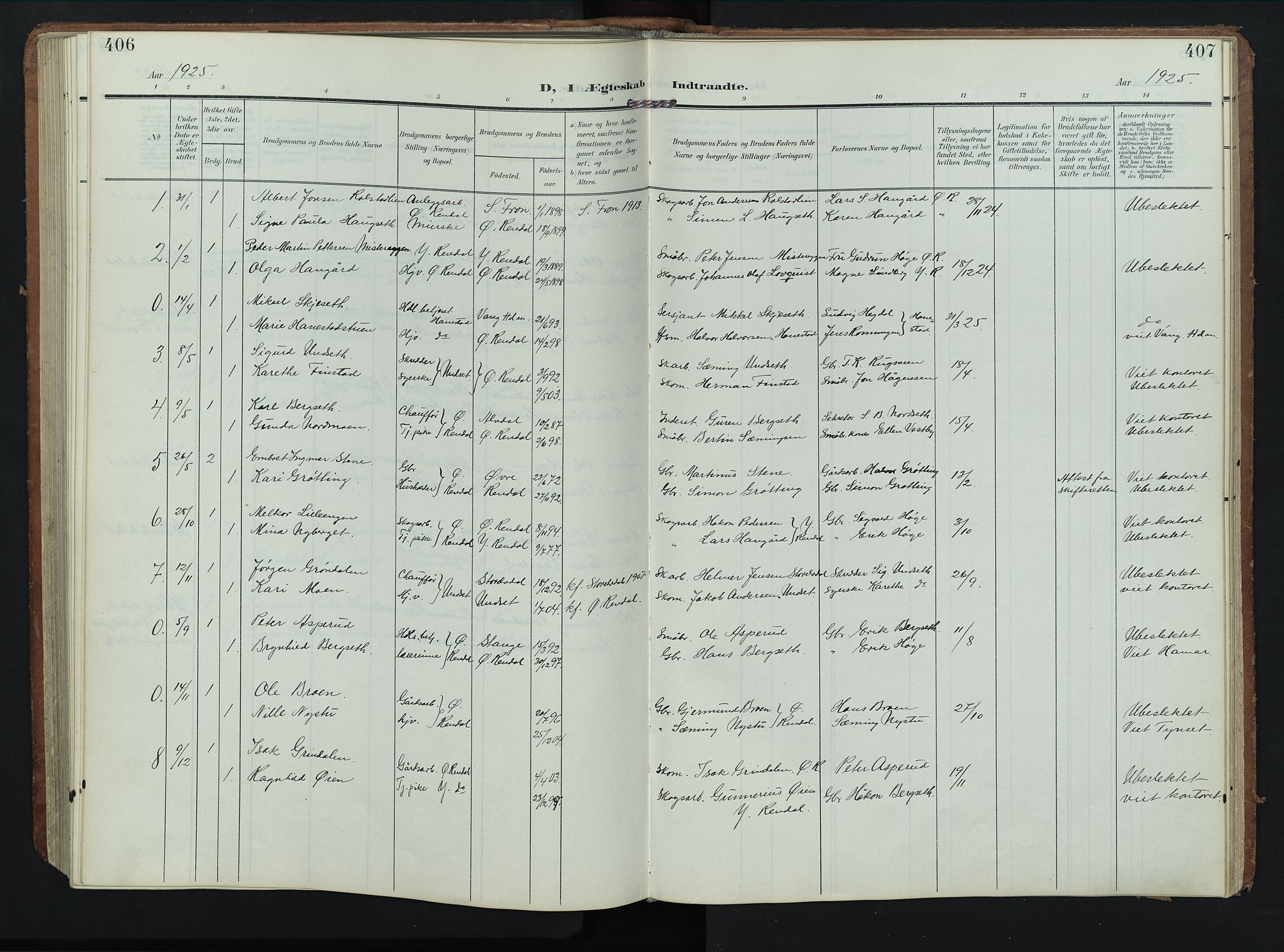 Rendalen prestekontor, SAH/PREST-054/H/Ha/Hab/L0004: Parish register (copy) no. 4, 1904-1946, p. 406-407