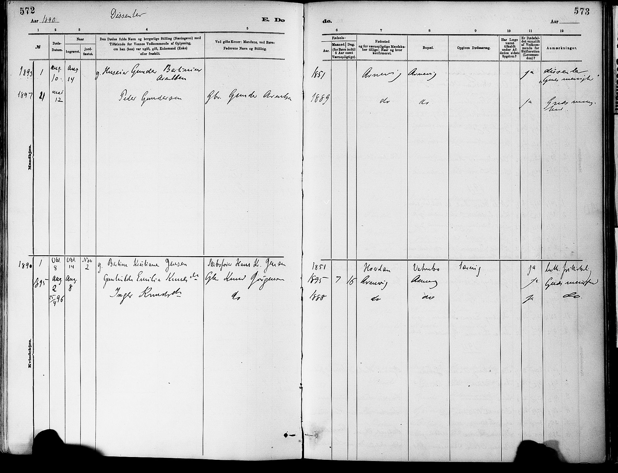Dypvåg sokneprestkontor, SAK/1111-0007/F/Fa/Fab/L0001: Parish register (official) no. A 1, 1885-1912, p. 572-573