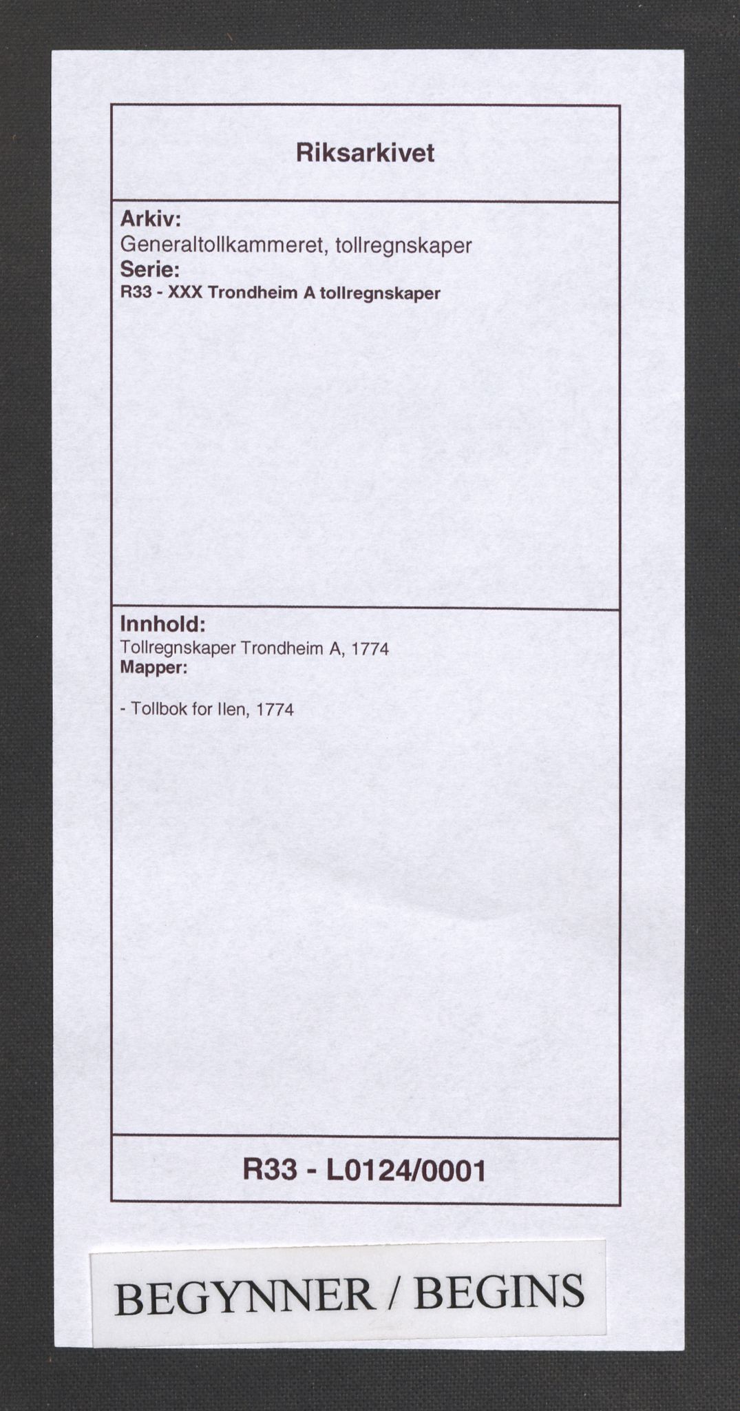 Generaltollkammeret, tollregnskaper, AV/RA-EA-5490/R33/L0124/0001: Tollregnskaper Trondheim A / Tollbok for Ilen, 1774