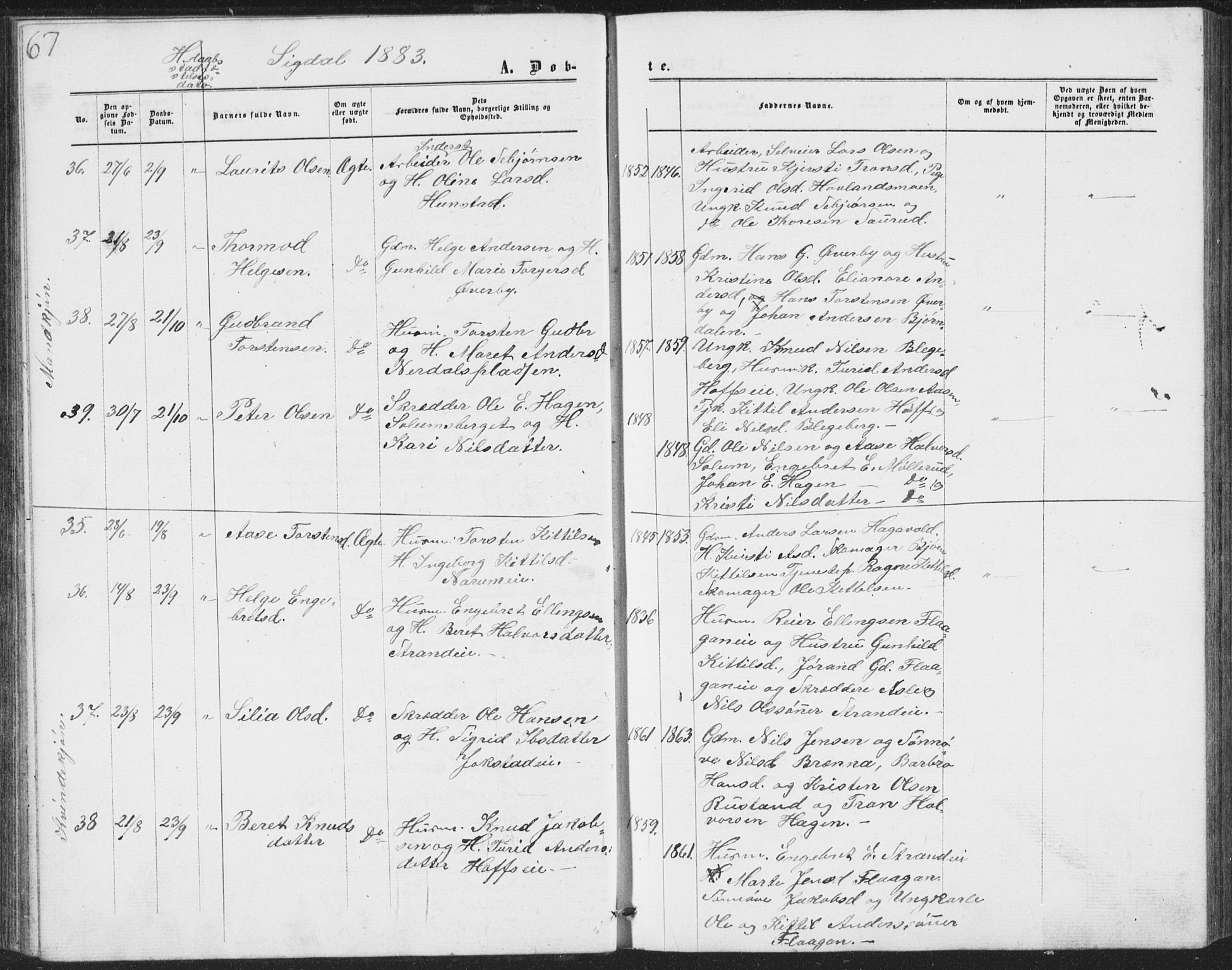 Sigdal kirkebøker, AV/SAKO-A-245/G/Ga/L0004: Parish register (copy) no. I 4, 1879-1885, p. 67