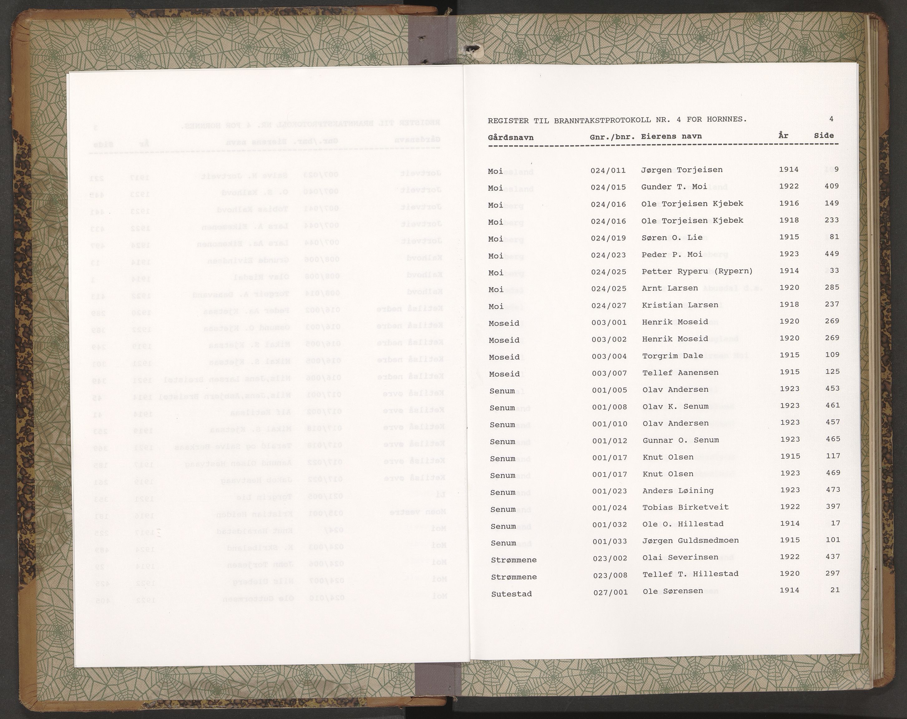 Norges Brannkasse Hornnes, AV/SAK-2241-0026/F/Fa/L0005: Branntakstprotokoll nr. 4 med gårdsnavnregister, 1914-1924