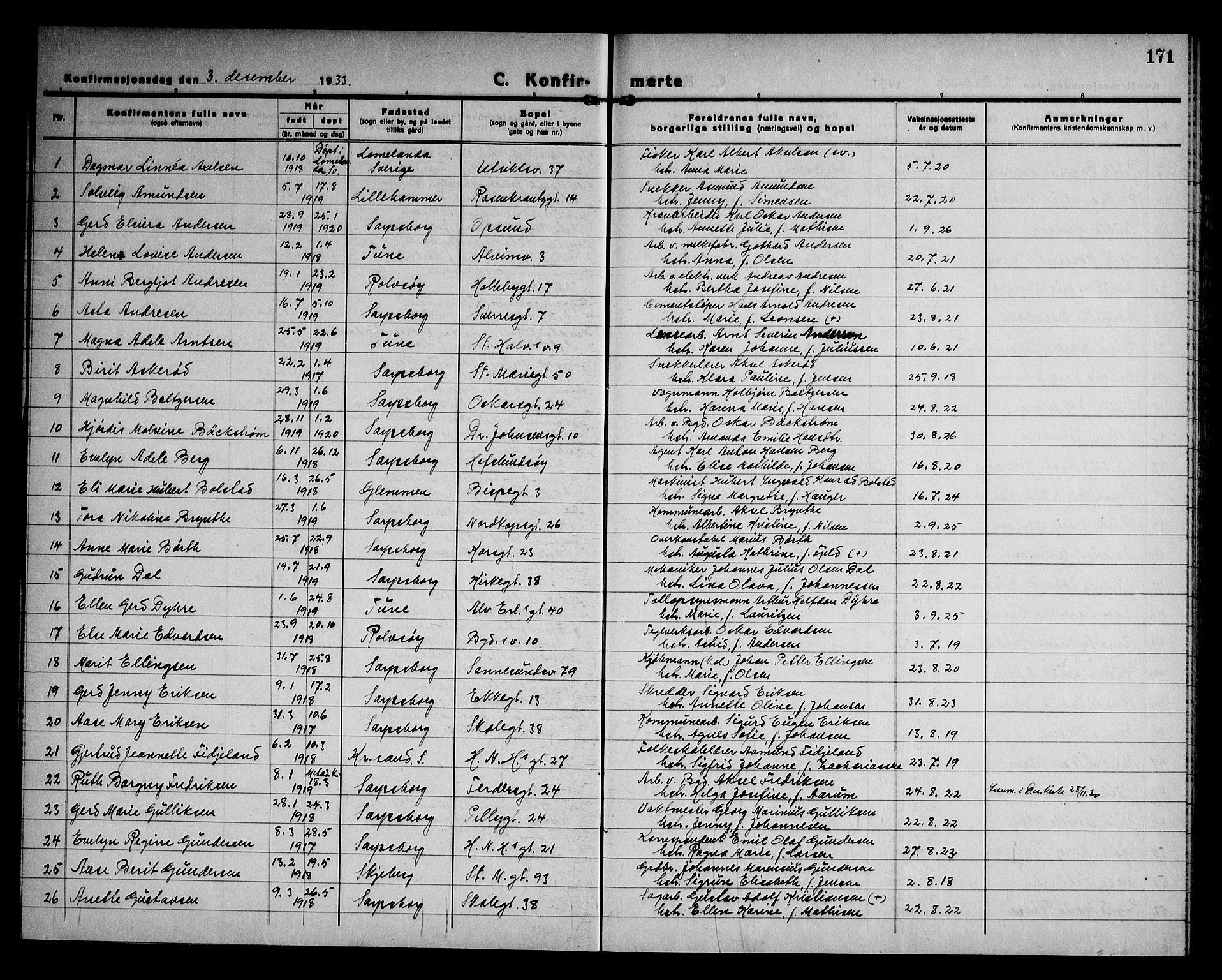 Sarpsborg prestekontor Kirkebøker, AV/SAO-A-2006/G/Ga/L0005: Parish register (copy) no. 5, 1932-1950, p. 171