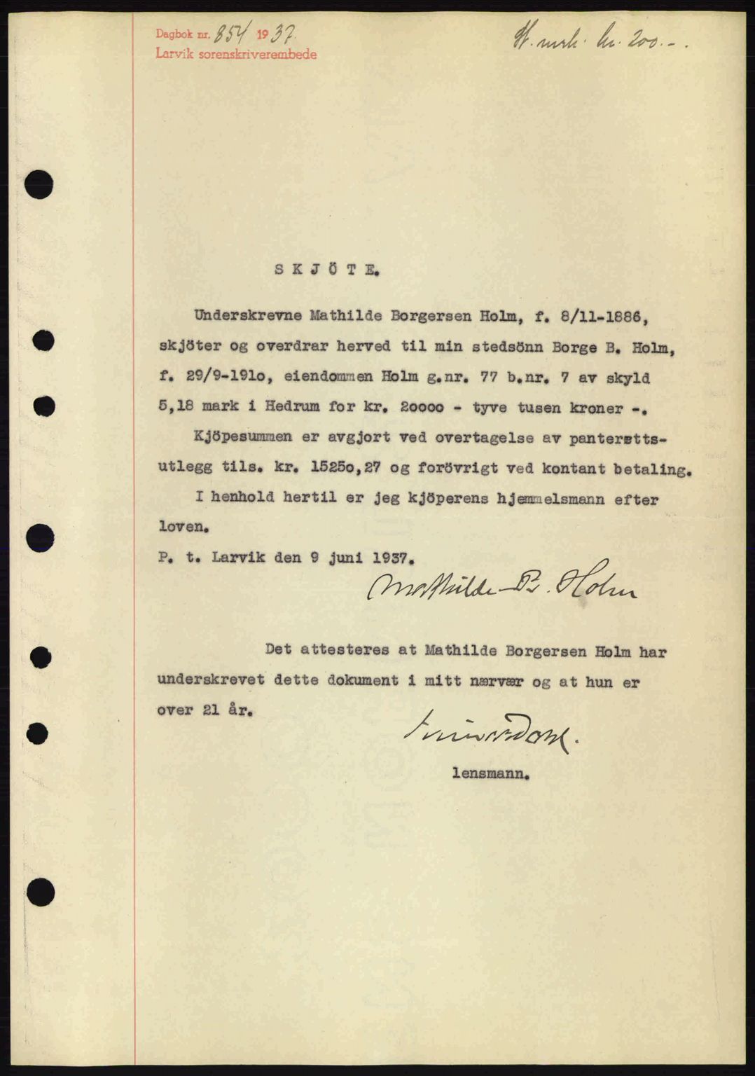 Larvik sorenskriveri, SAKO/A-83/G/Ga/Gab/L0067: Mortgage book no. A-1, 1936-1937, Diary no: : 854/1937